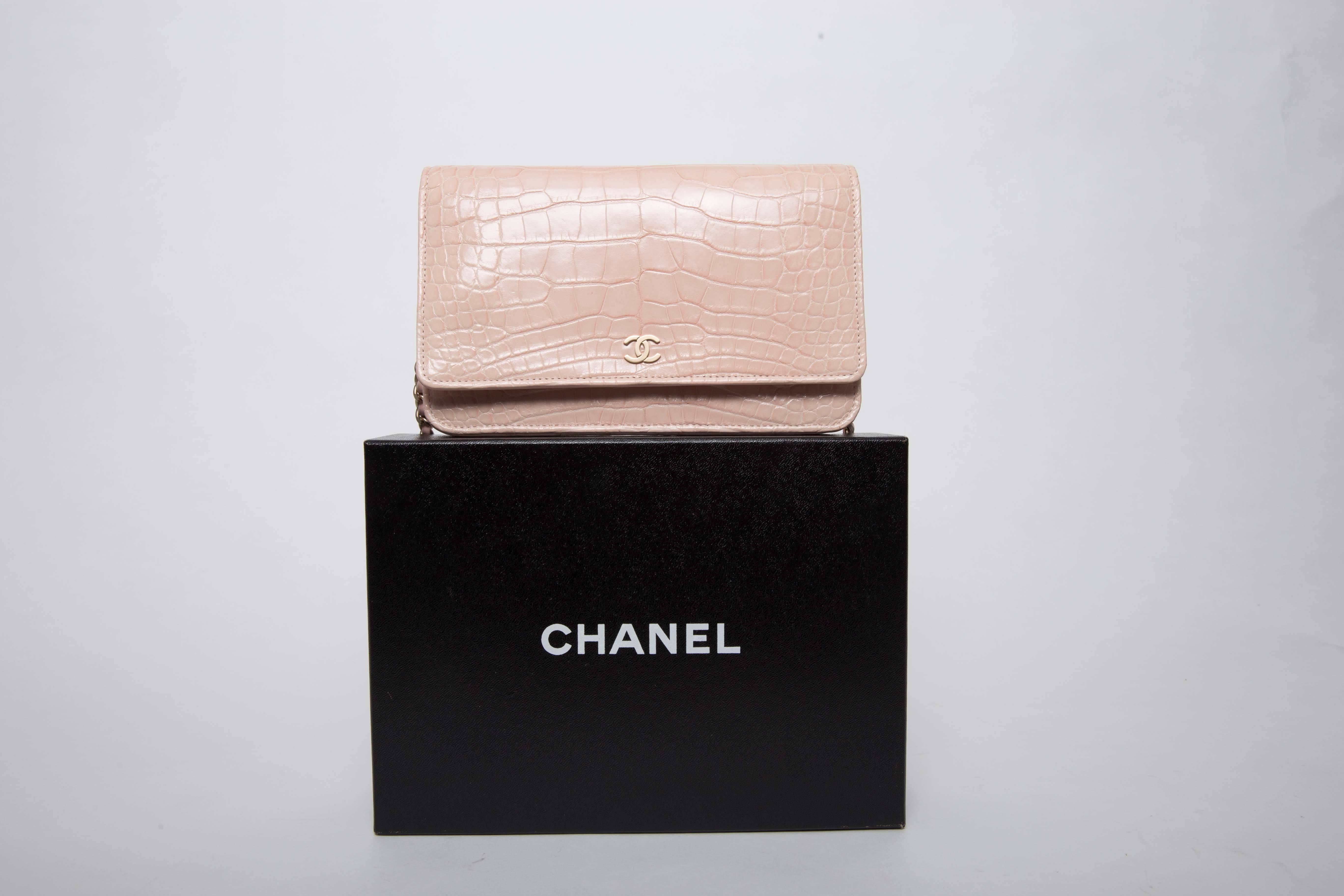 Chanel Wallet on a Chain in Blush Pink Alligator 1