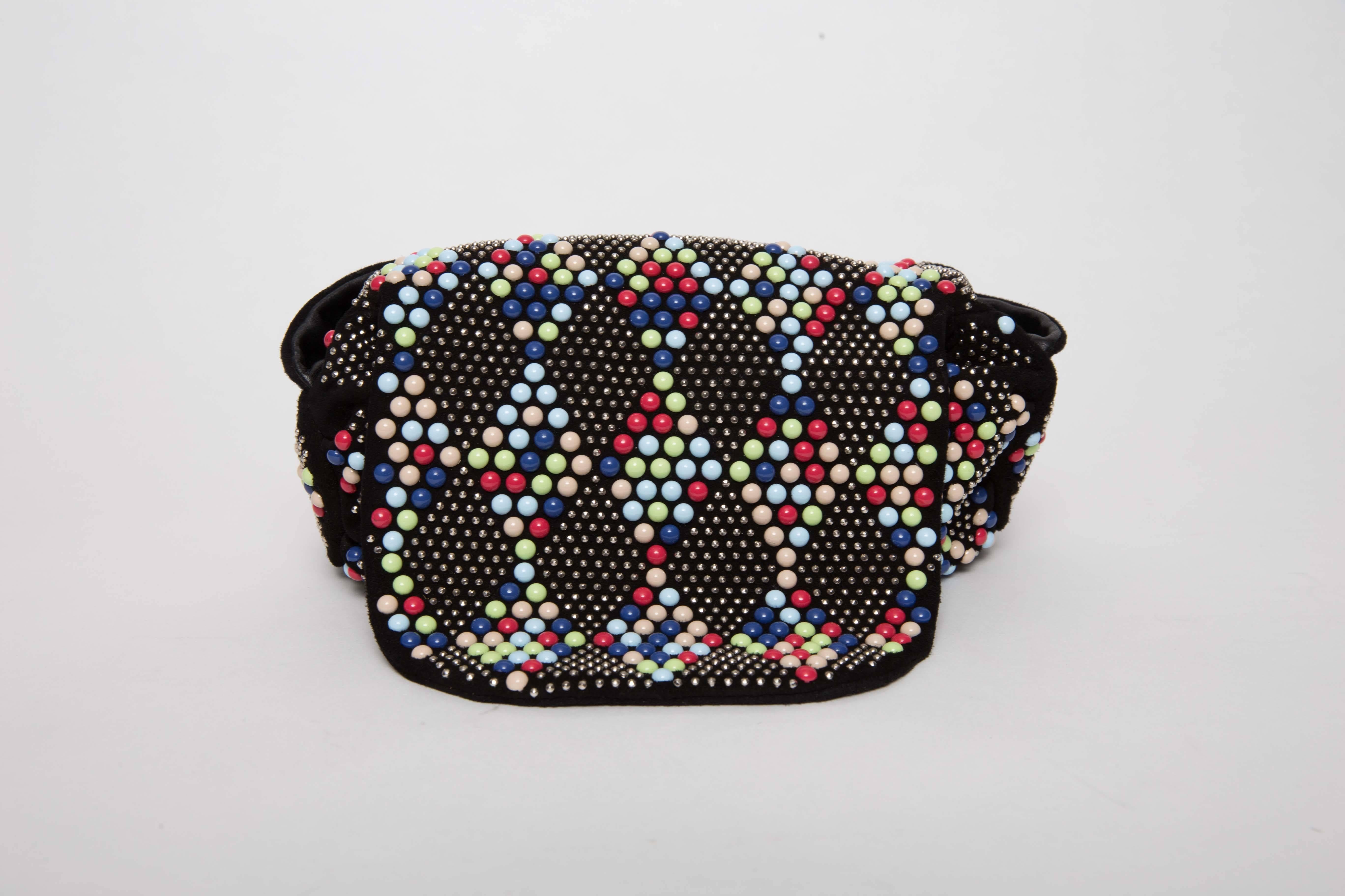 Givenchy Multi-Color Beaded Pluto Bag in black suede with flap closure. Handle underside is black leather. Interior is black suede.

Strap drop is 4.5 inches.
Does not come with original duster.