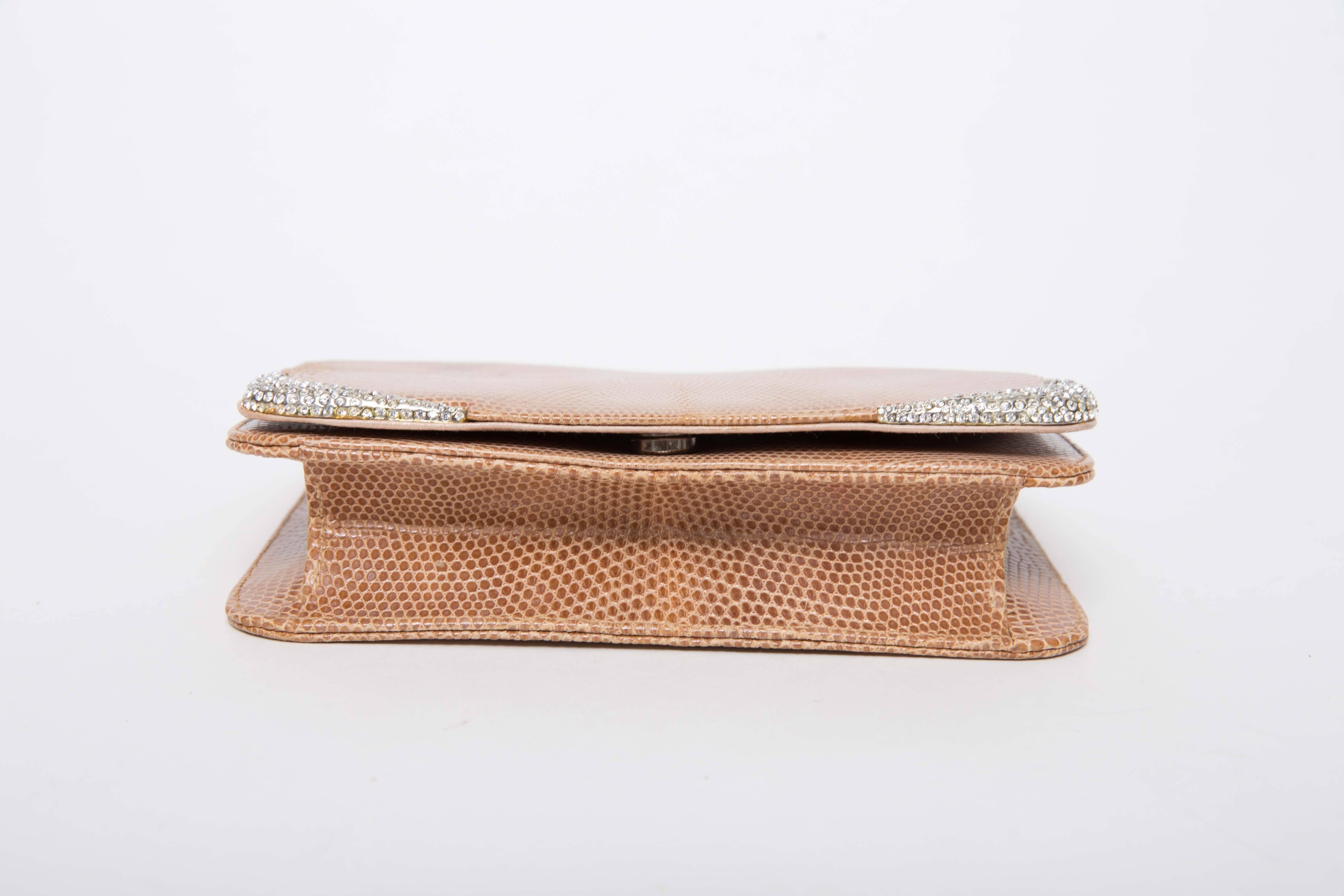 Women's Valentino Tan Lizard Clutch with Crystal Corners and Crystal Studded Strap