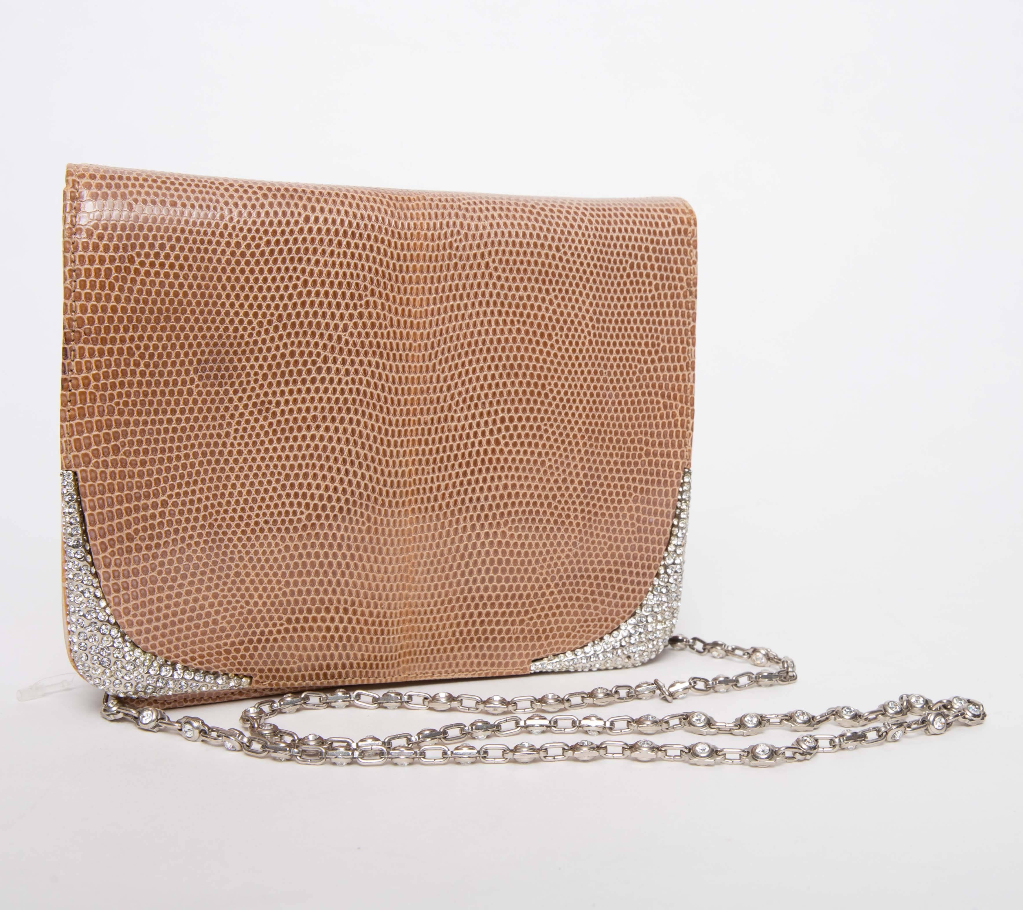 Valentino Tan Lizard Clutch with Crystal Corners and Crystal Studded Strap 1