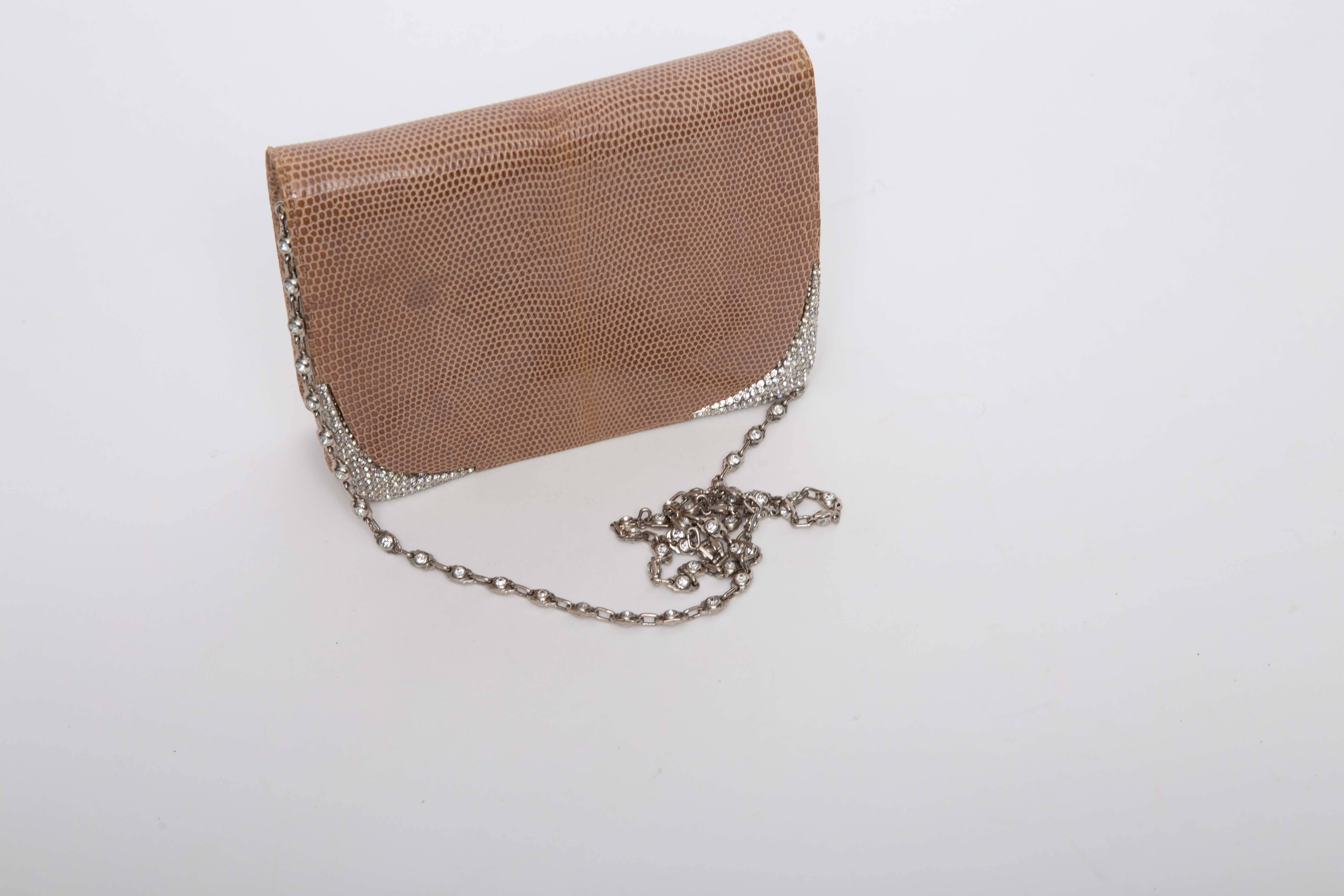 Valentino Tan Lizard Clutch with Crystal Corners and Crystal Studded Strap 4
