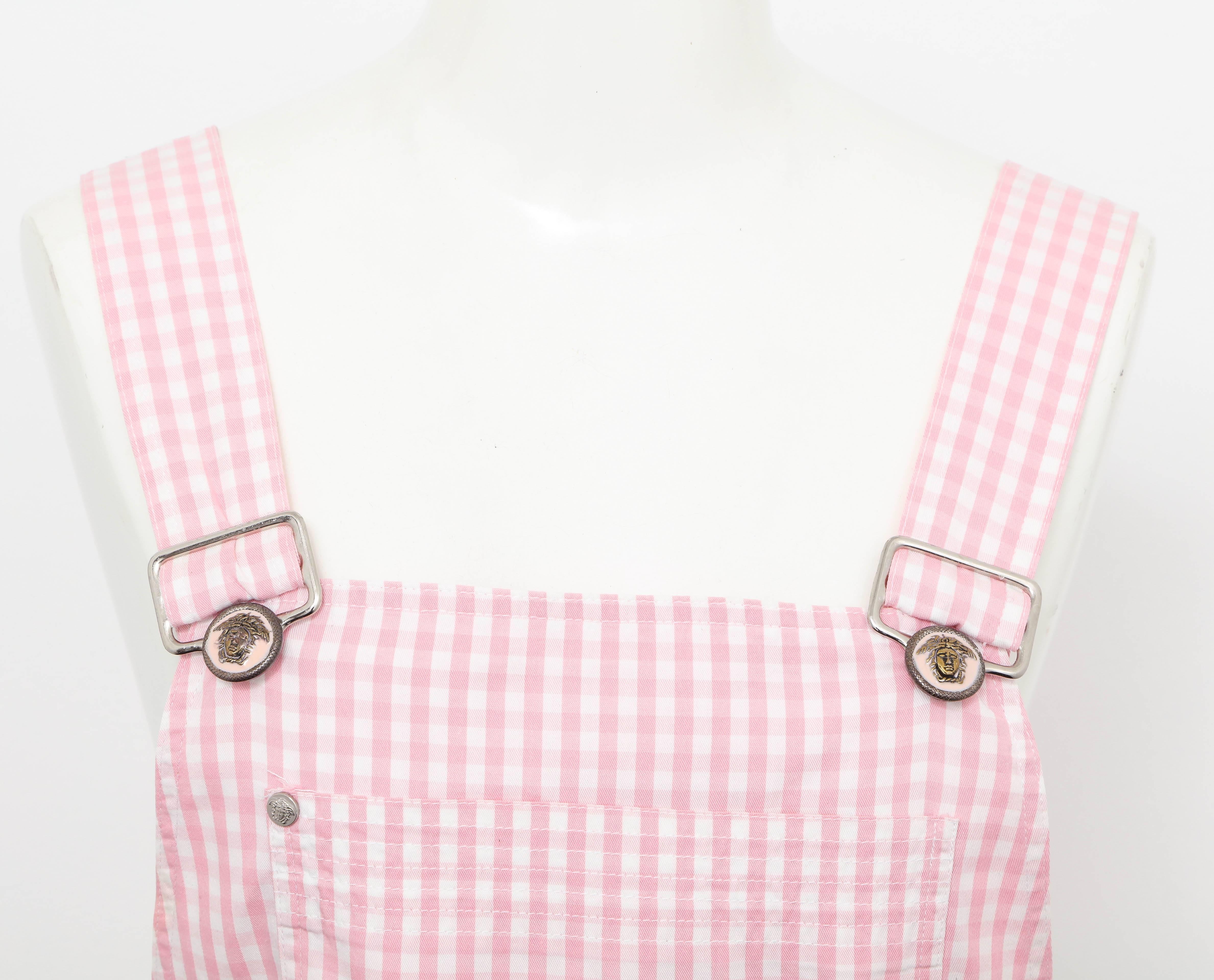 Beautiful Versace Jeans Couture pink plaid overall dress with Medusa buttons. Italian Size 44.