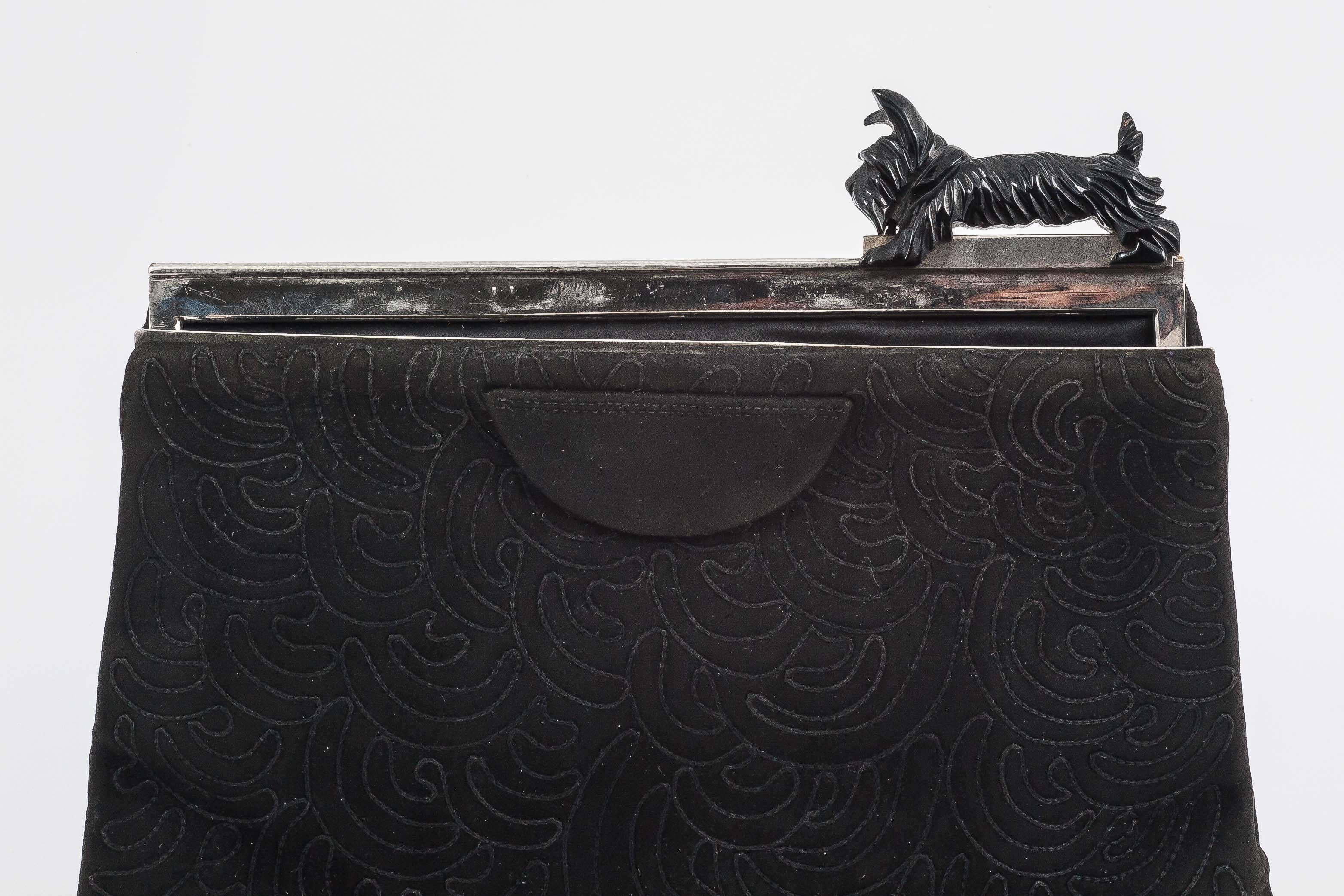 Black stitched suede and chrome clutch with bakelite 'Scottie Dog' clasp, 1930s 1