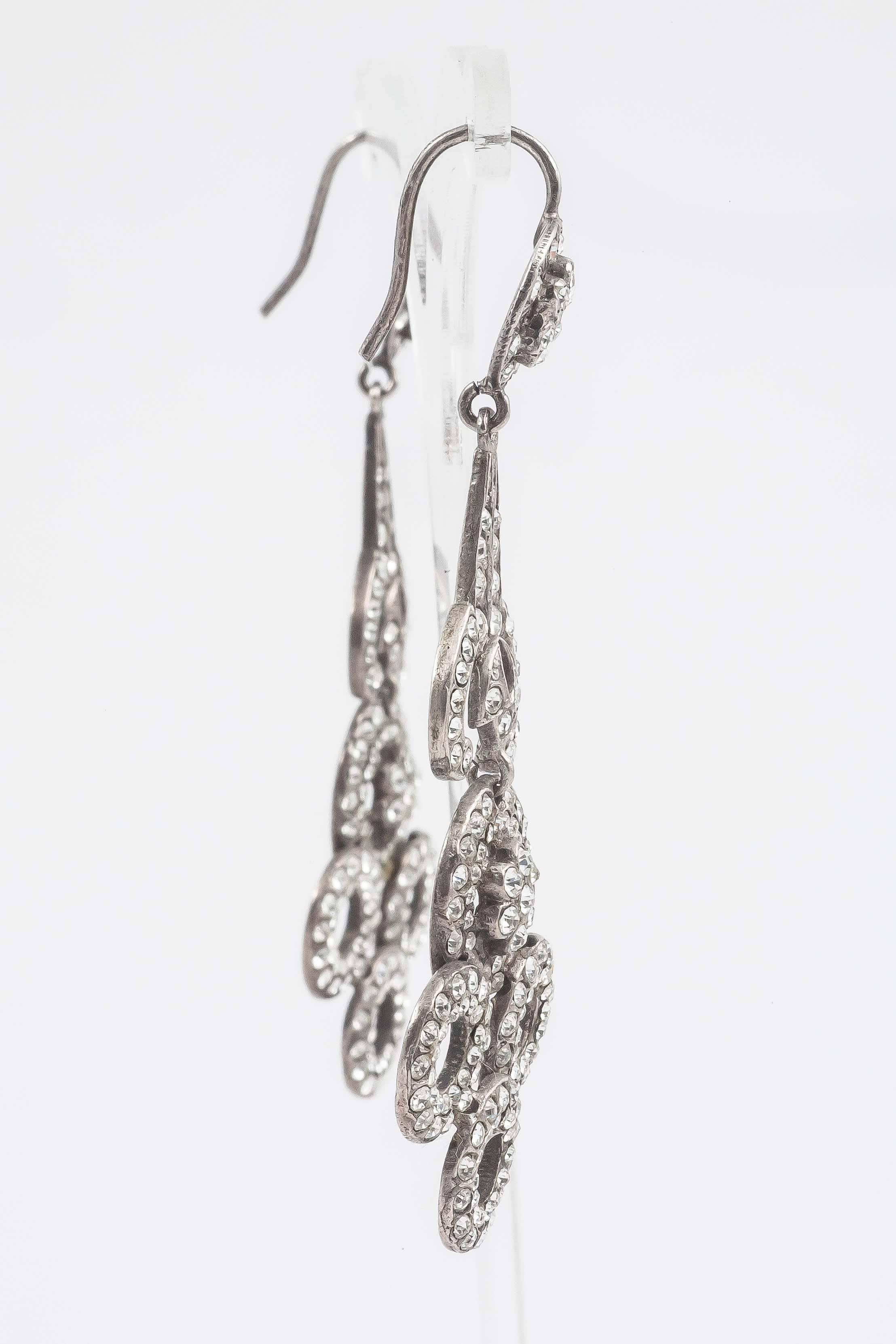 Dramatic long silver and paste Art Deco earrings 1