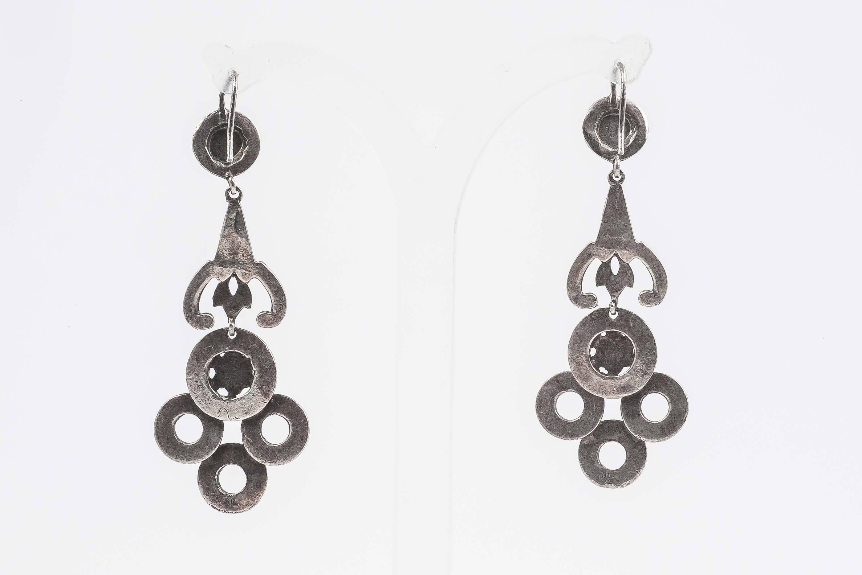 Dramatic long silver and paste Art Deco earrings 2