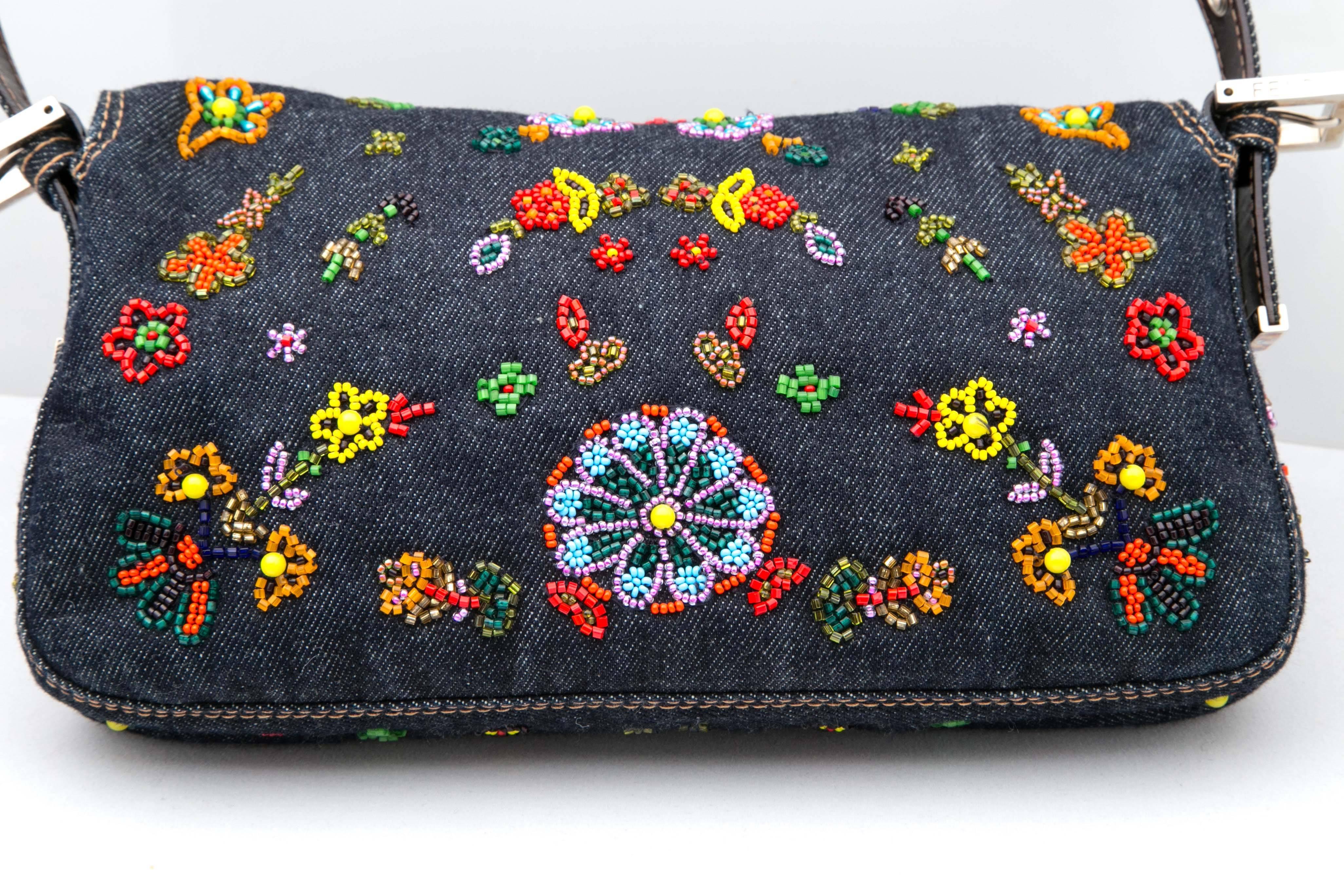 Beaded Fendi Denim Handbag In New Condition In Stamford, CT