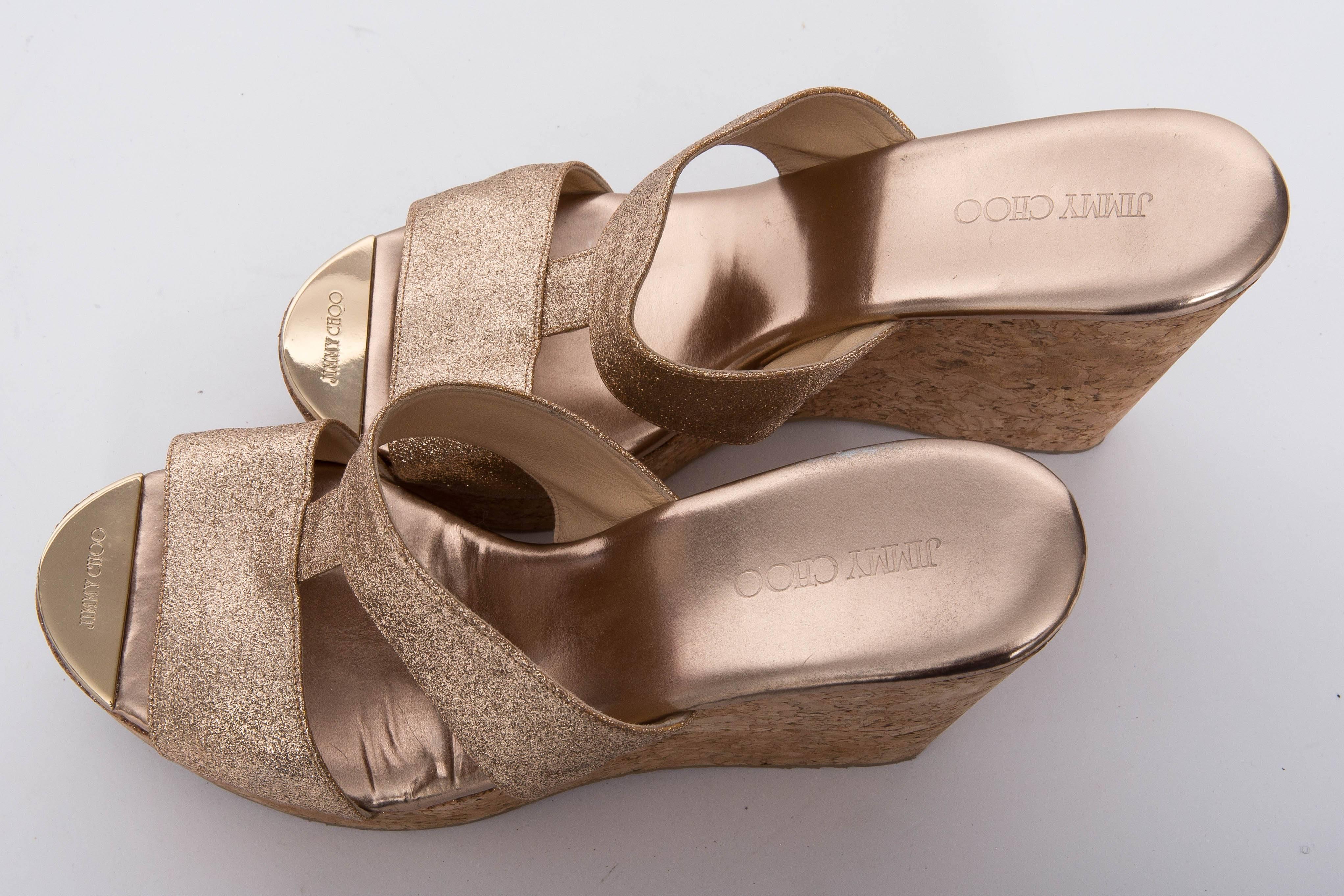 Brown Jimmy Choo Porter Glitter Wedge Sandal in Gold