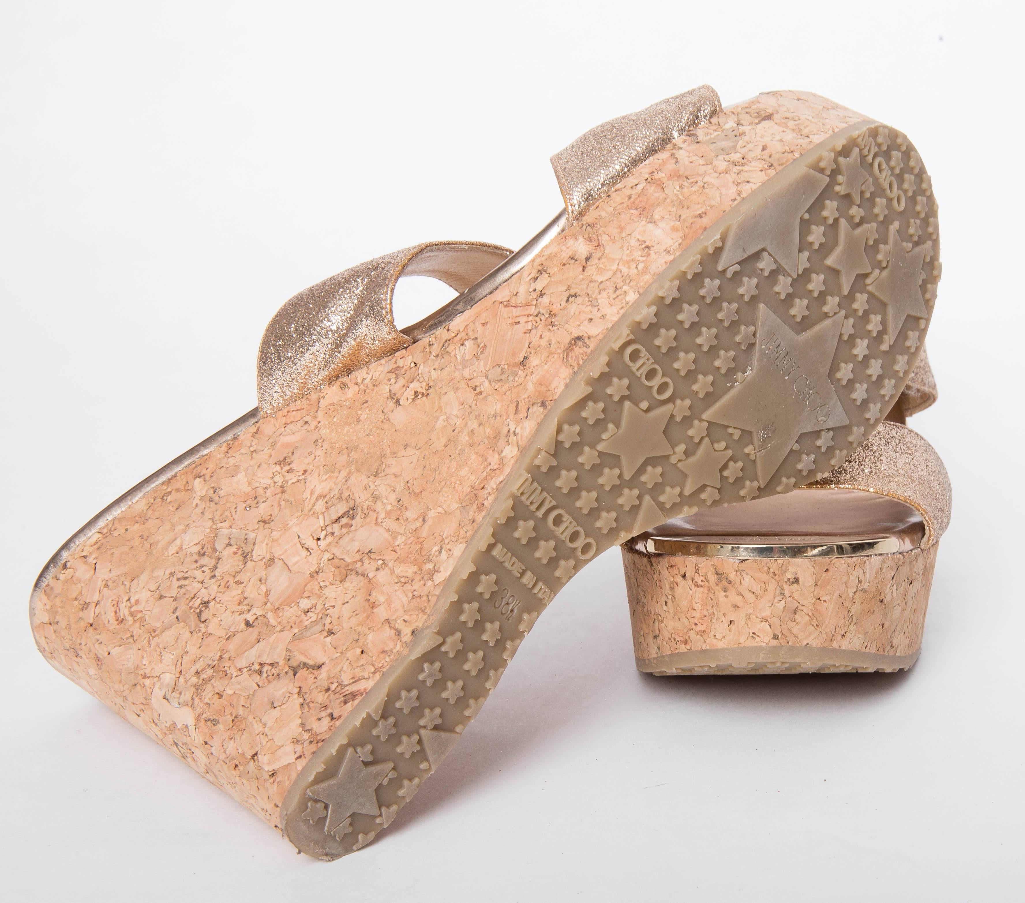 Jimmy Choo Porter Glitter Wedge Sandal in Gold In New Condition In Westhampton Beach, NY