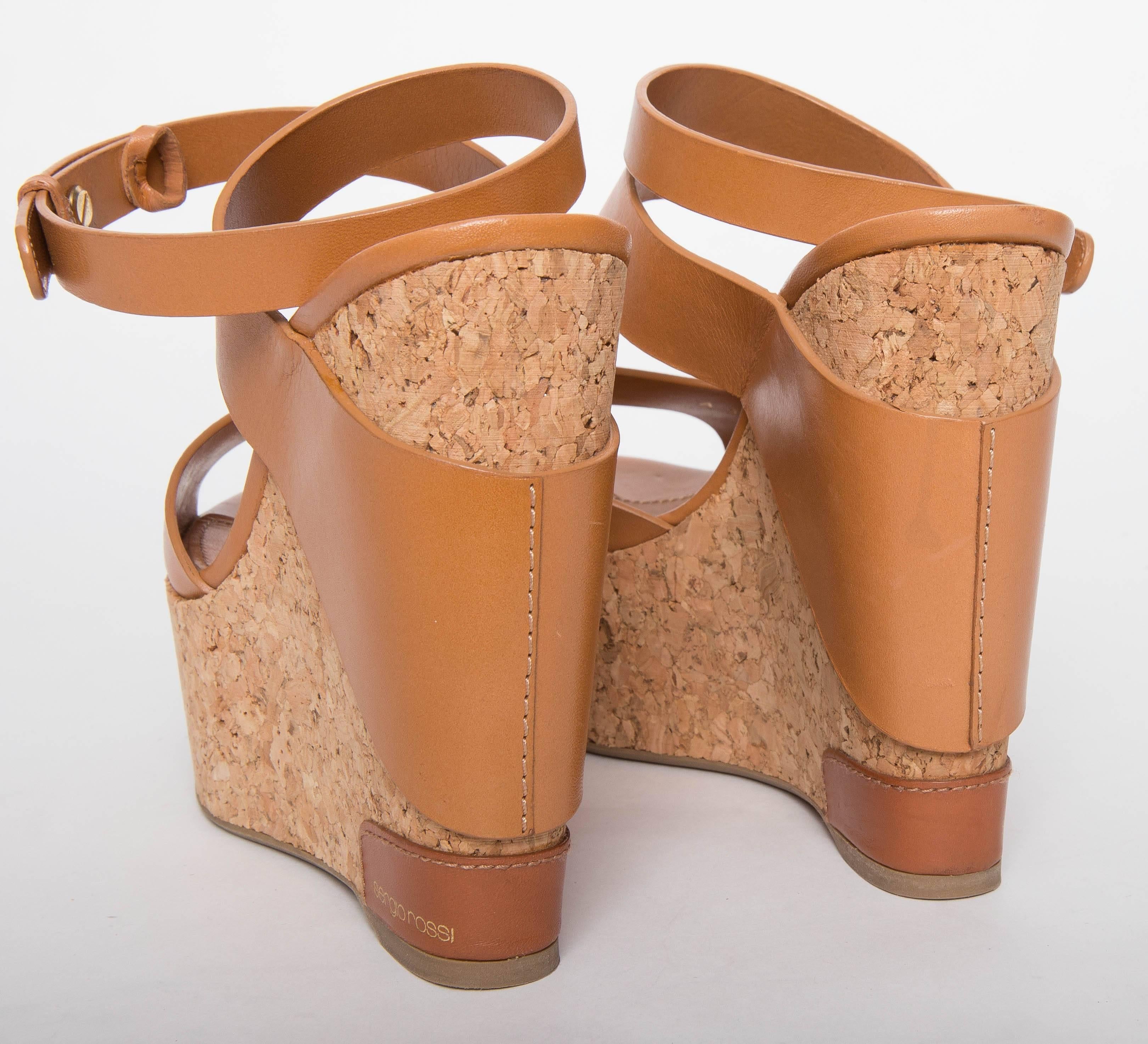 Sergio Rossi Camel Cork Wedge Sandals EU38.5 For Sale 2