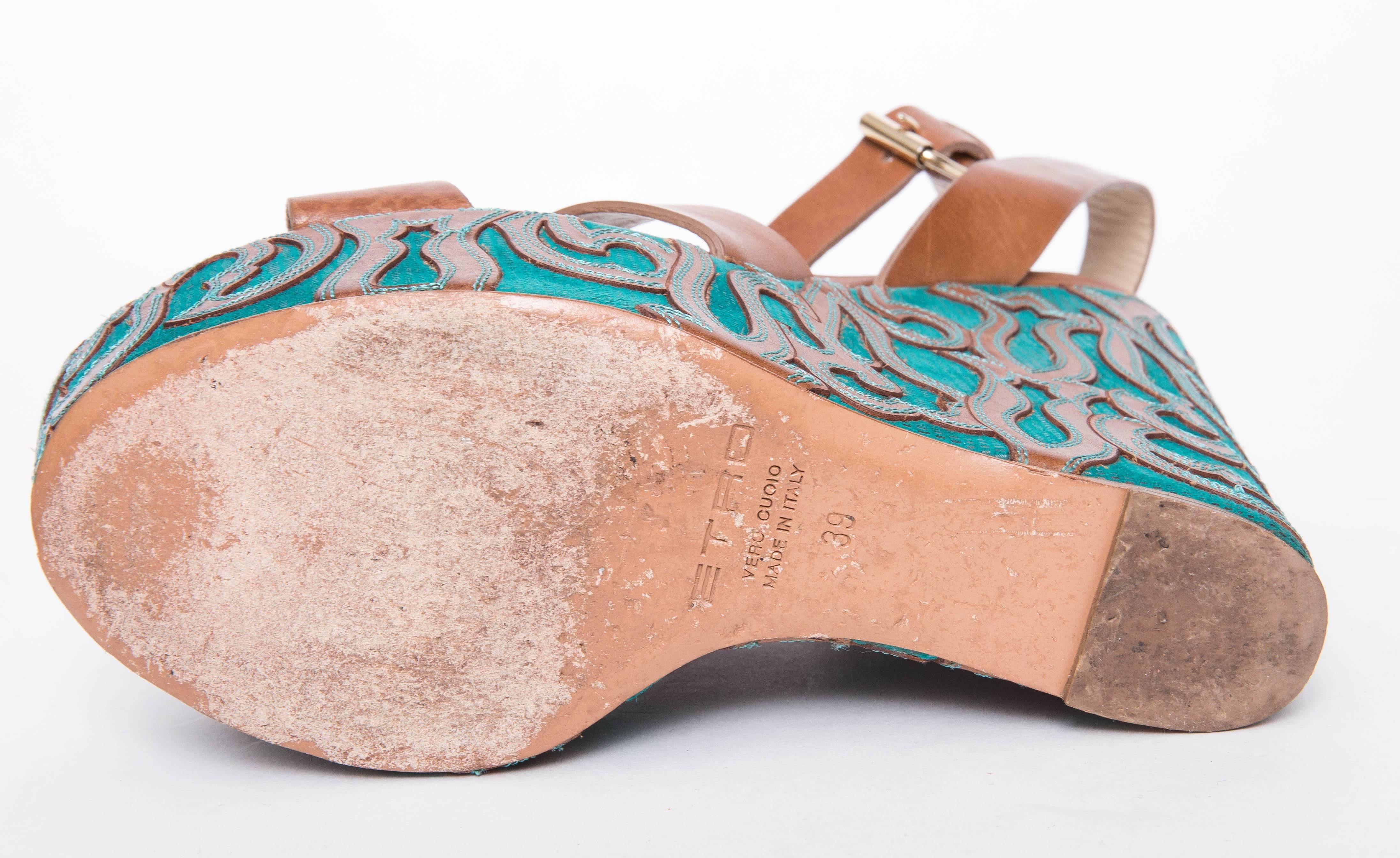 Etro Brown Leather and Turquoise Sole Wedged Sandals For Sale 3