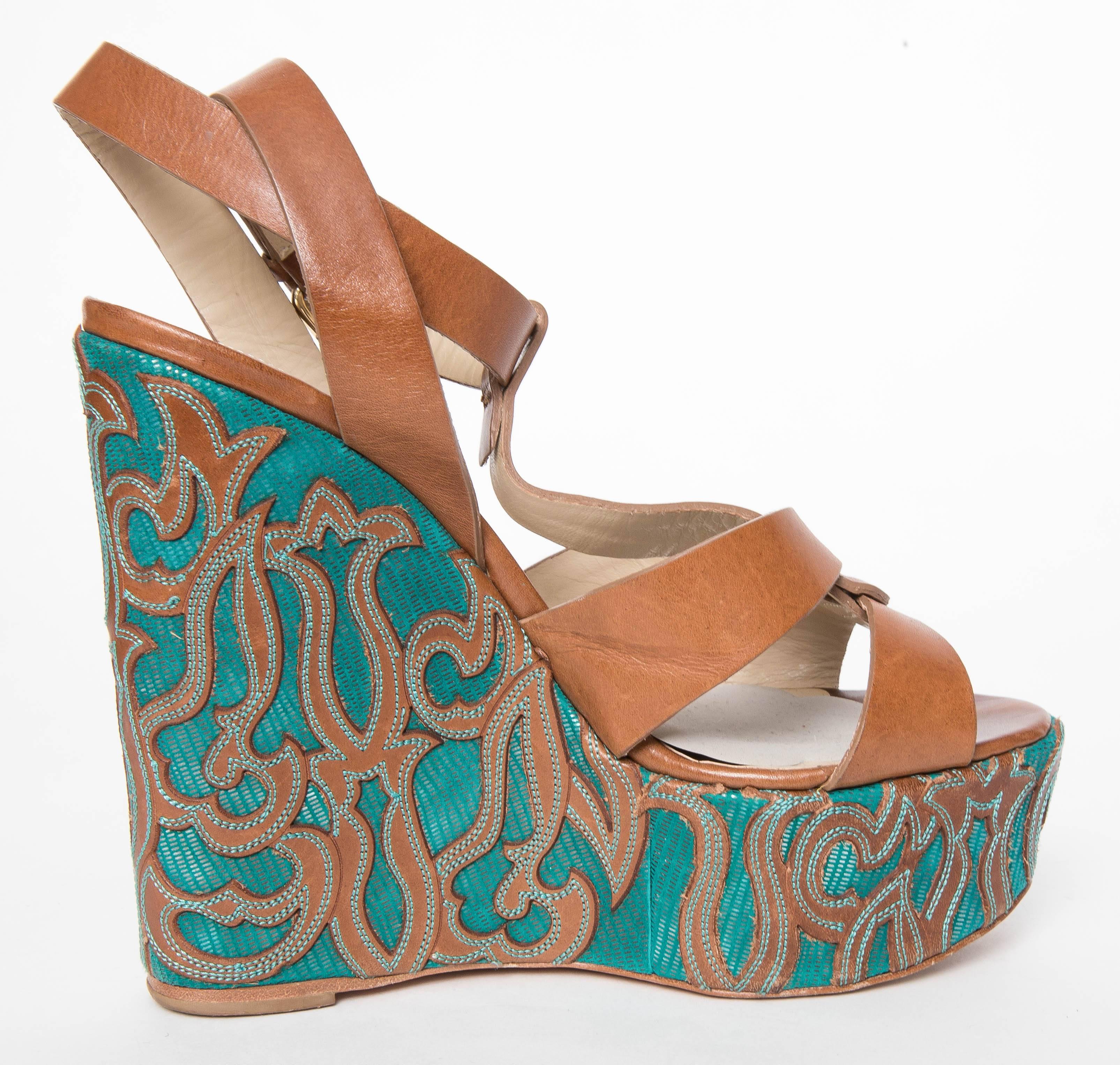 Women's Etro Brown Leather and Turquoise Sole Wedged Sandals For Sale