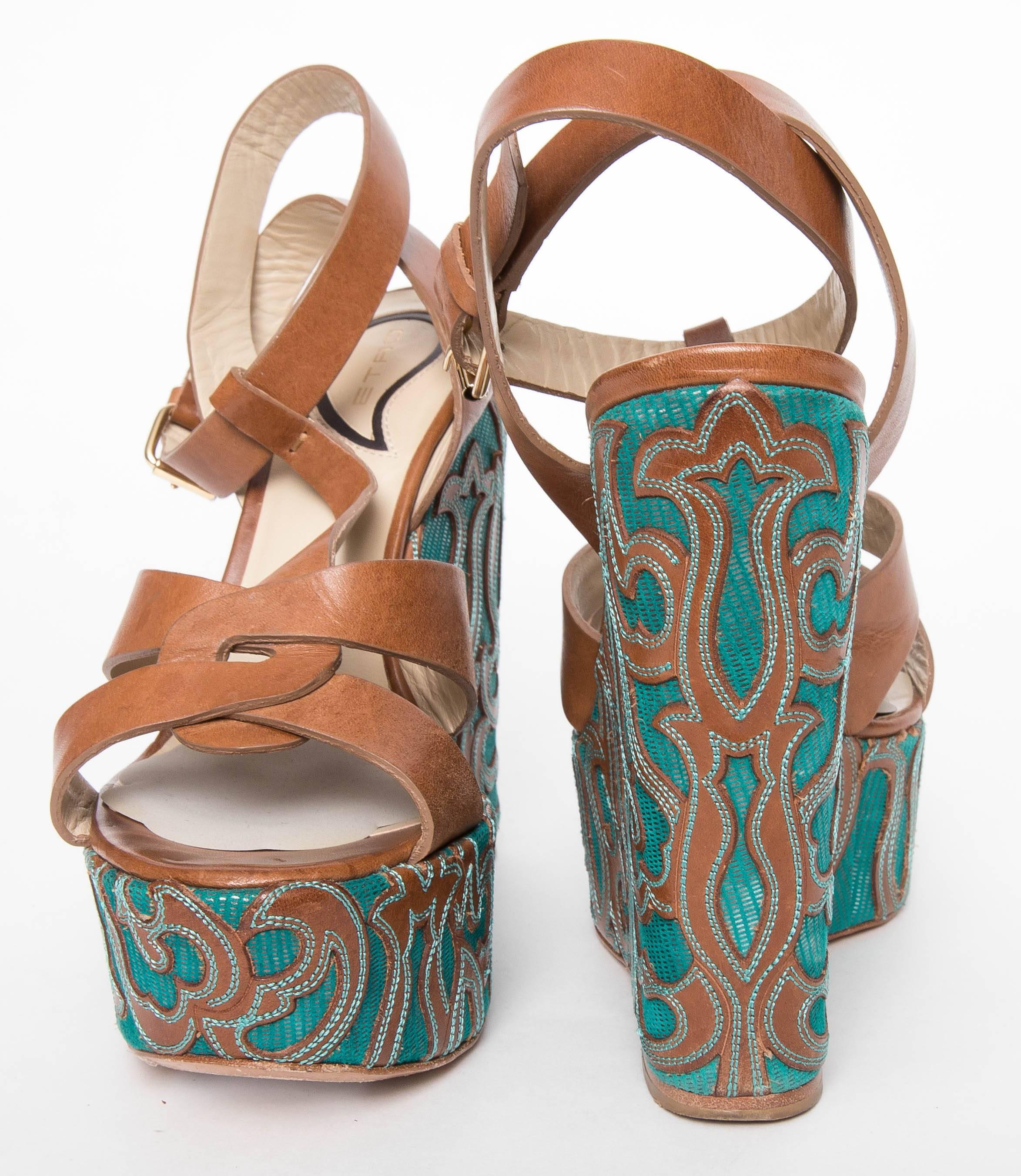 Etro Brown Leather and Turquoise Sole Wedged Sandals For Sale 1
