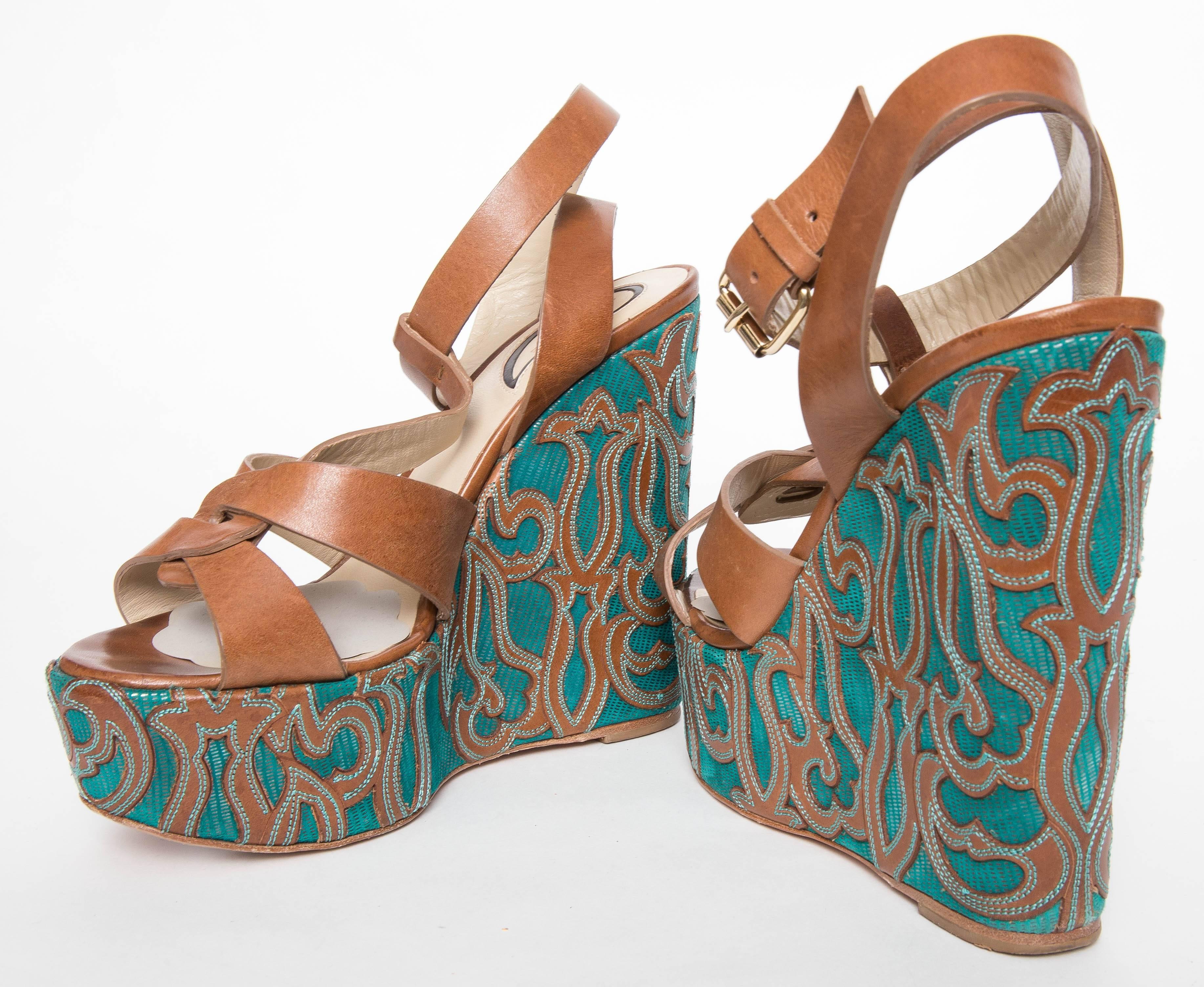 Etro Brown Leather and Turquoise Sole Wedged Sandals For Sale 2