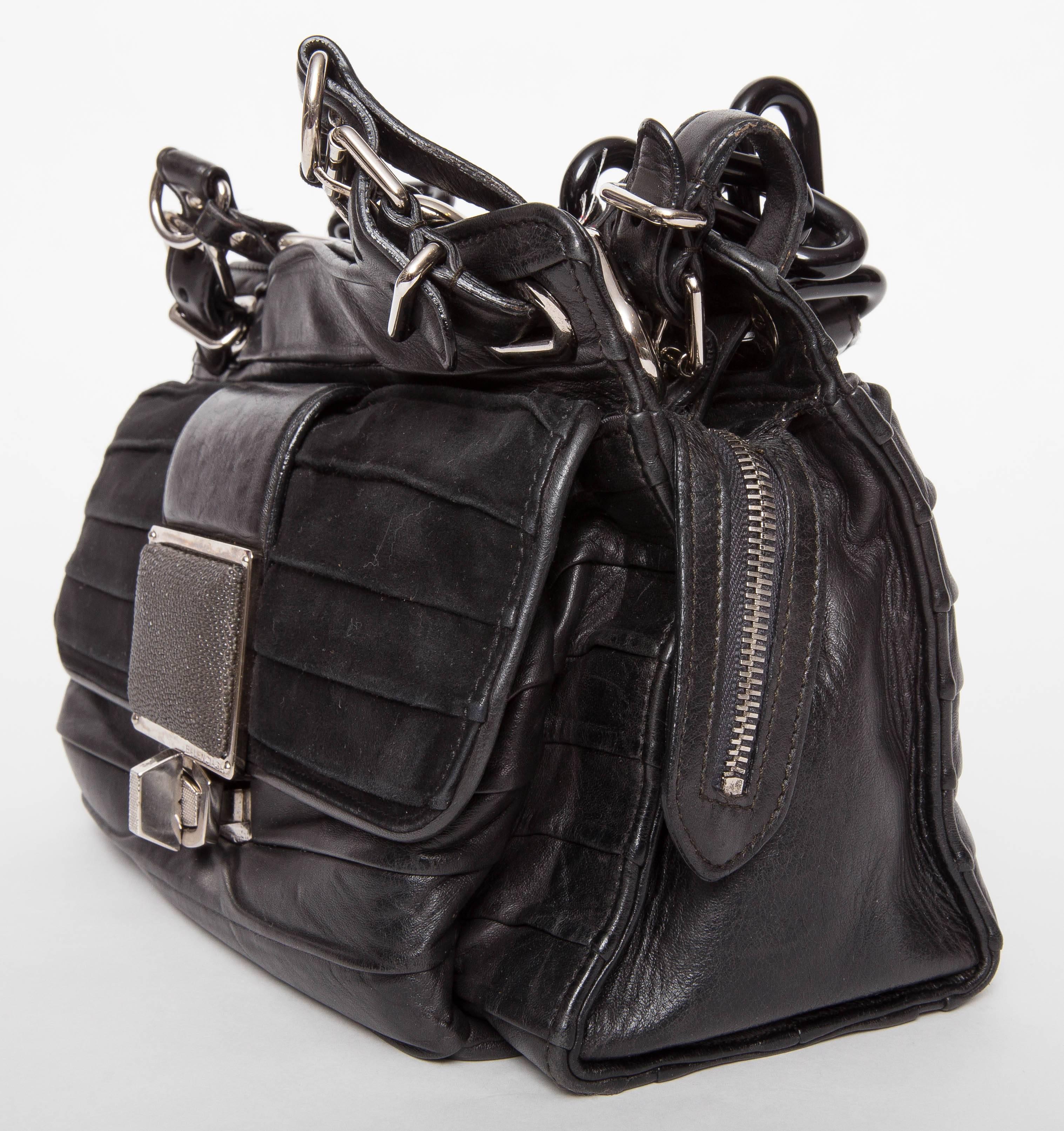 Balenciaga Cherche Midi Bag in Black leather and suede features shoulder bag with tonal stingray panel at front pocket, turn lock closure, dual resin chain link adjustable shoulder straps, silver-tone hardware, zip pocket at interior and exterior.