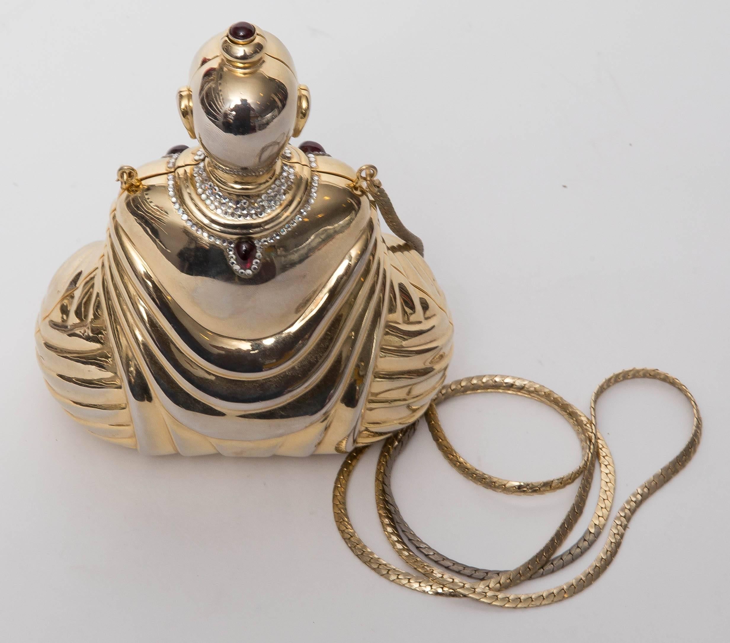 Judith Leiber Gold Tone Buddha bag with Crystal Embellishments In Good Condition In Westhampton Beach, NY