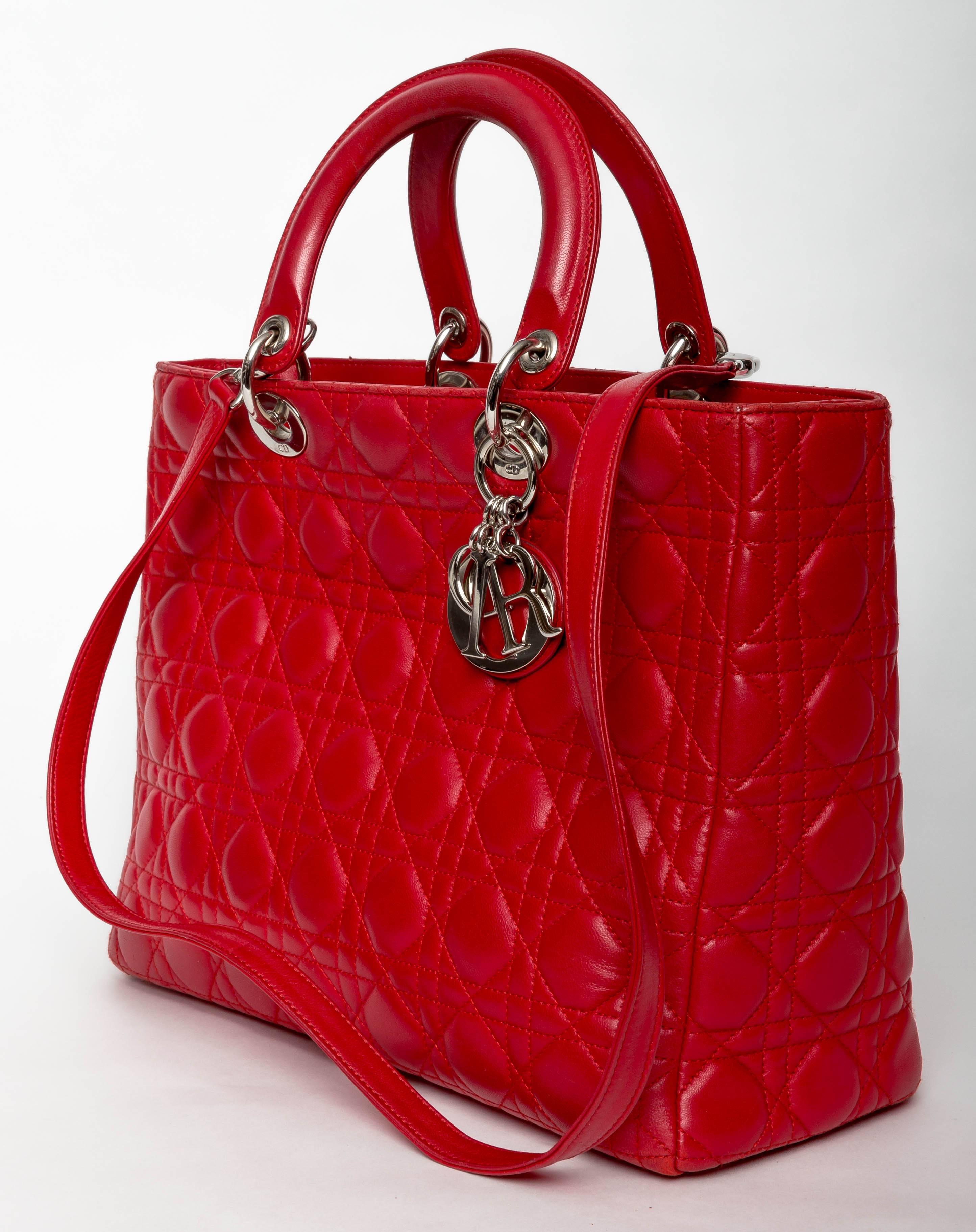Christian Dior Large Lady Dior in Red Quilted Cannage Lambskin Tote 1