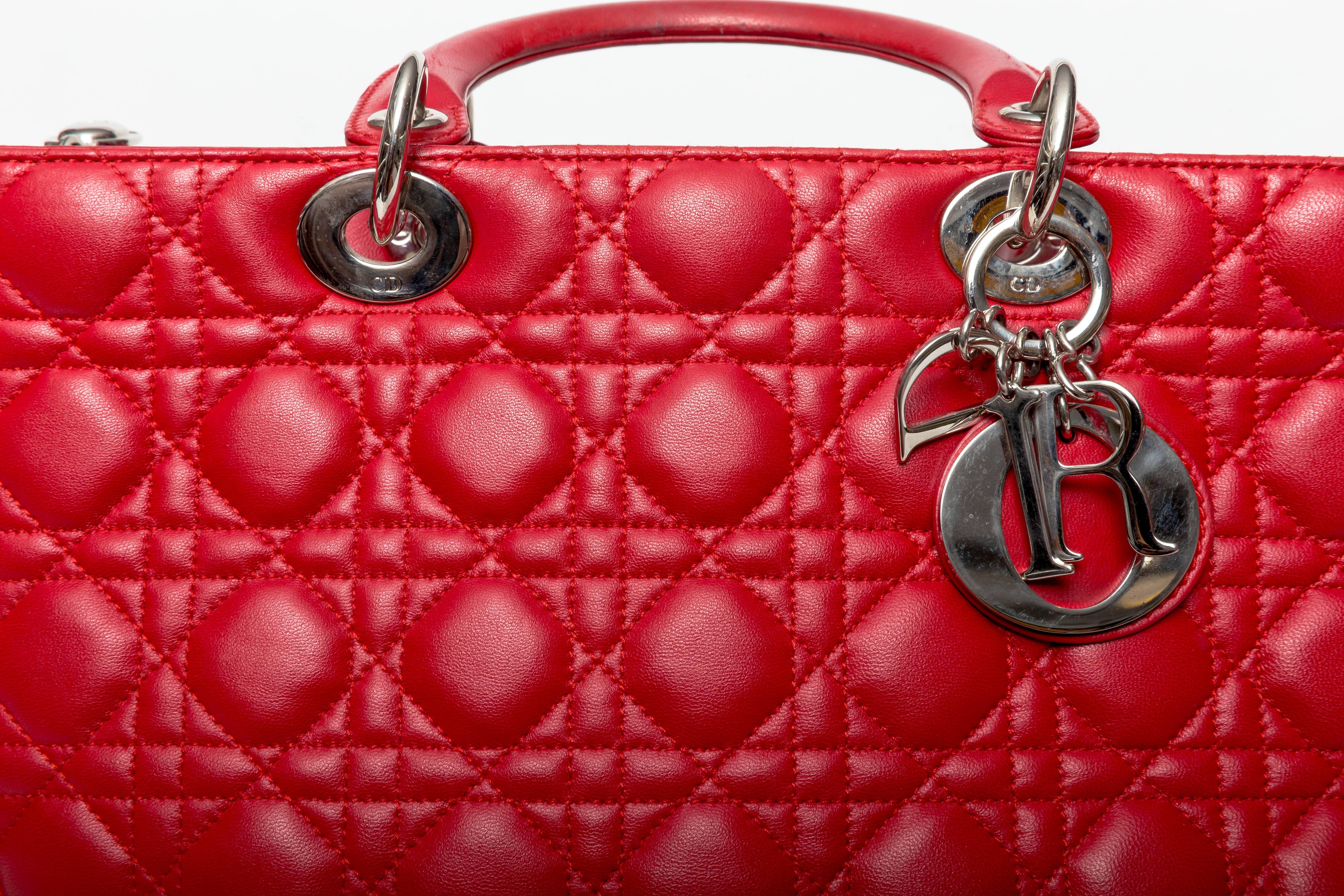 Christian Dior Large Lady Dior in Red Quilted Cannage Lambskin Tote 3