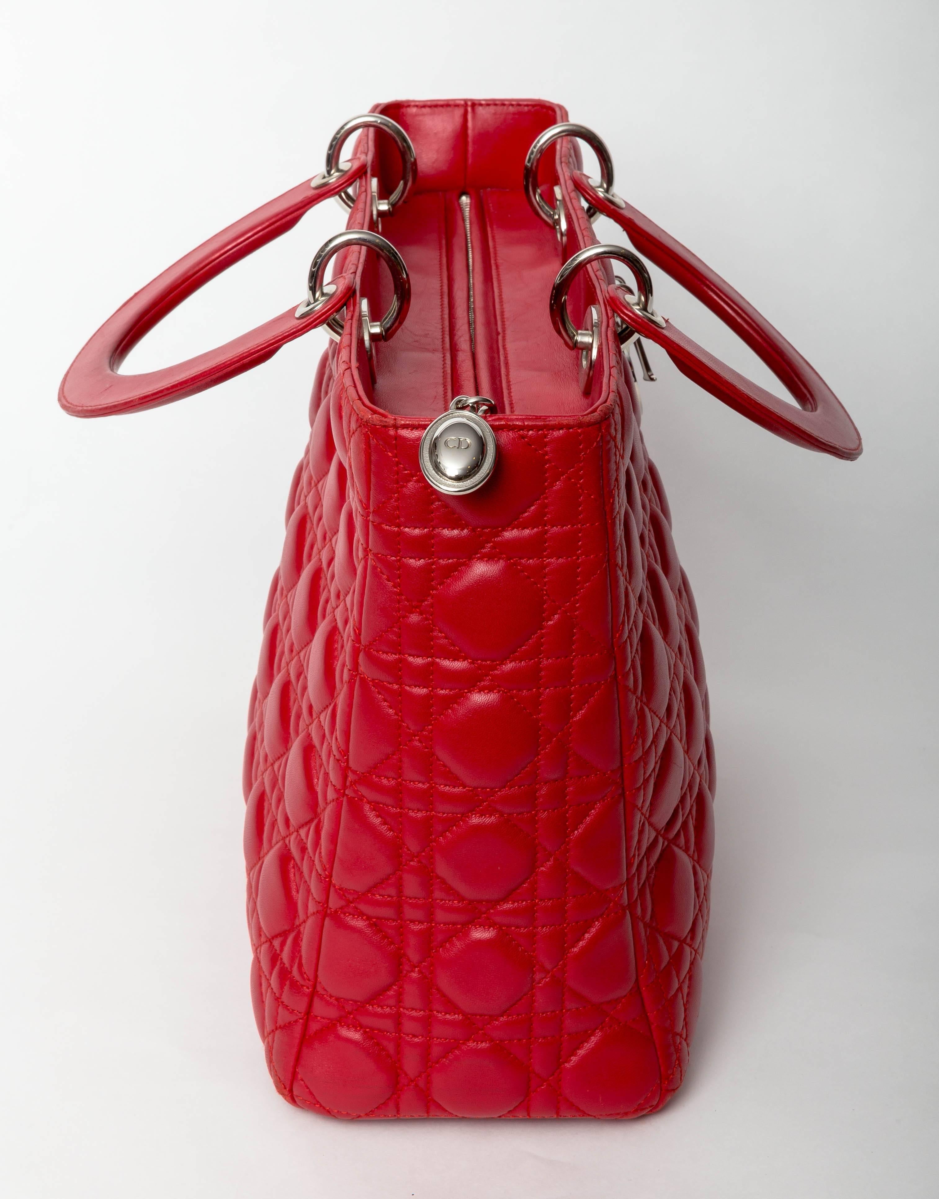 Christian Dior Large Lady Dior in Red Quilted Cannage Lambskin Tote 4