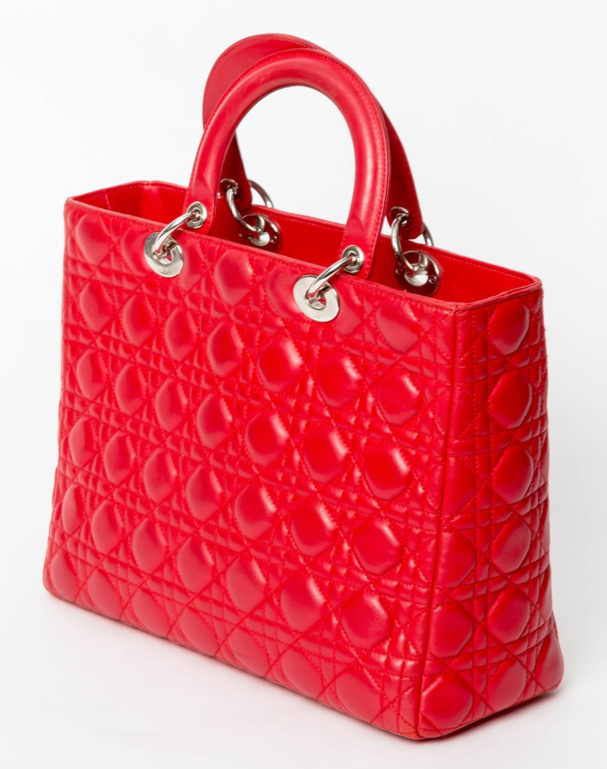 Christian Dior Large Lady Dior in Red Quilted Cannage Lambskin Tote In Good Condition In Westhampton Beach, NY