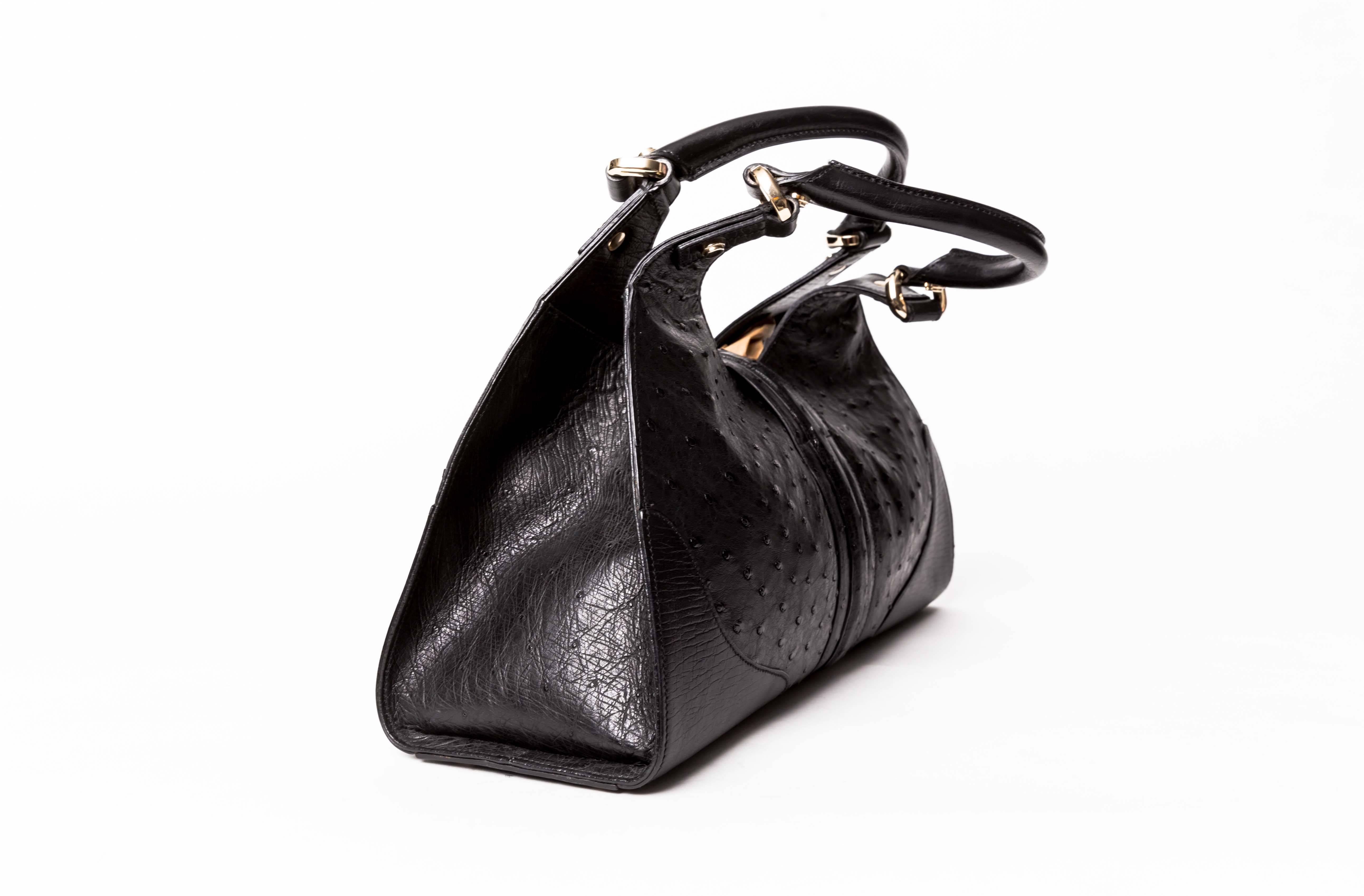 Women's Gucci Black Ostrich Sherry Bag with Gold-Tone Hardware