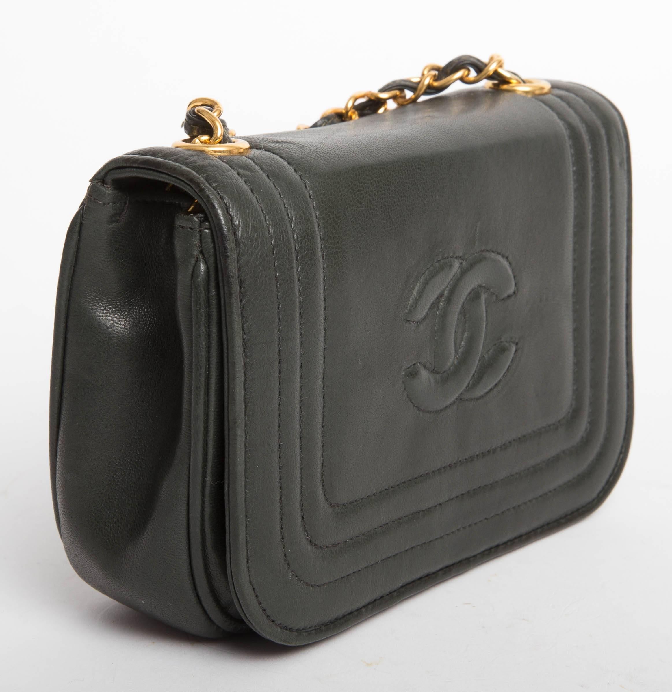 Black Chanel Vintage Lambskin Dark Green Flap Bag