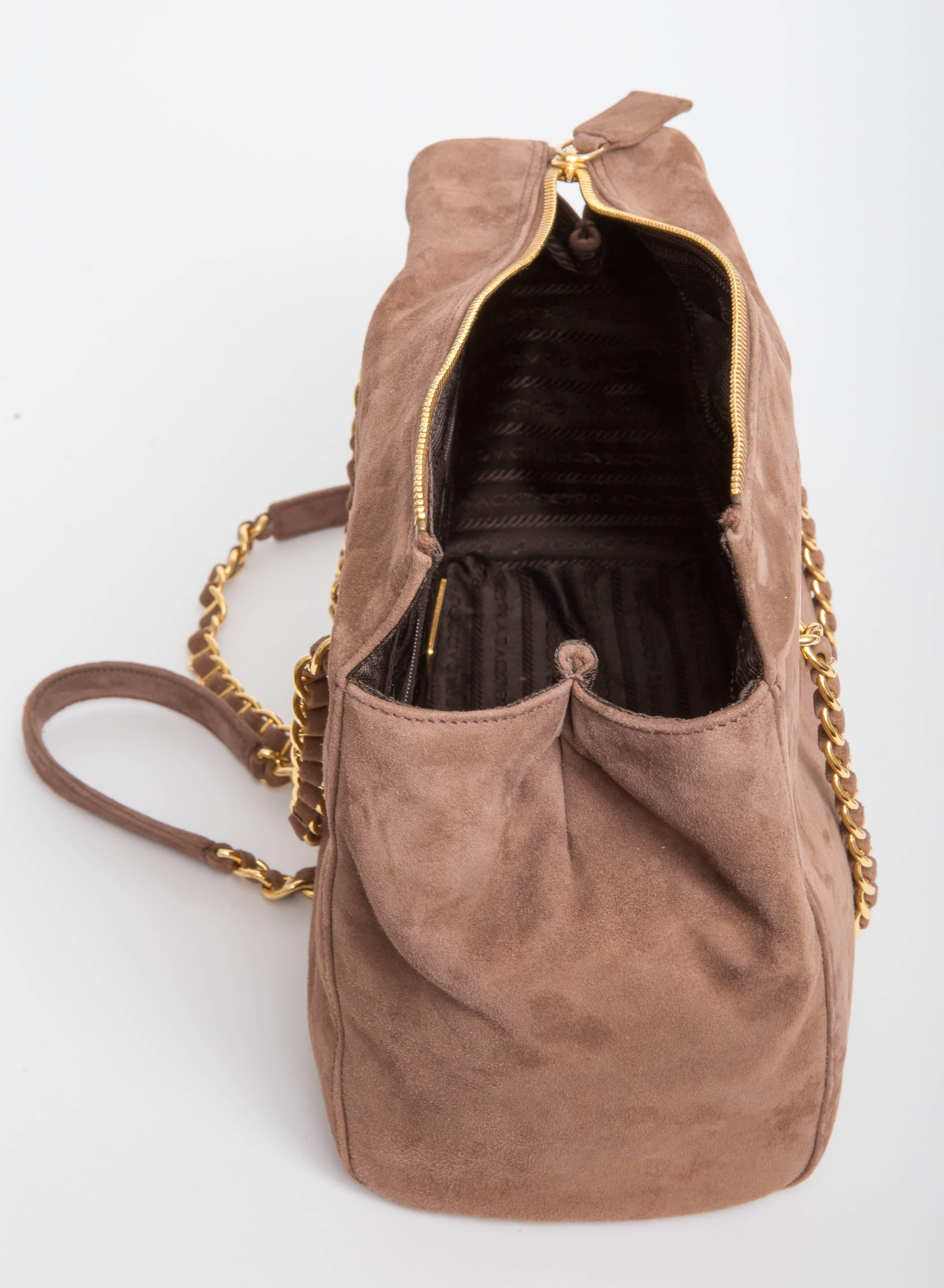 Brown Prada Vintage Suede Double Chain Handle Shoulder Bag