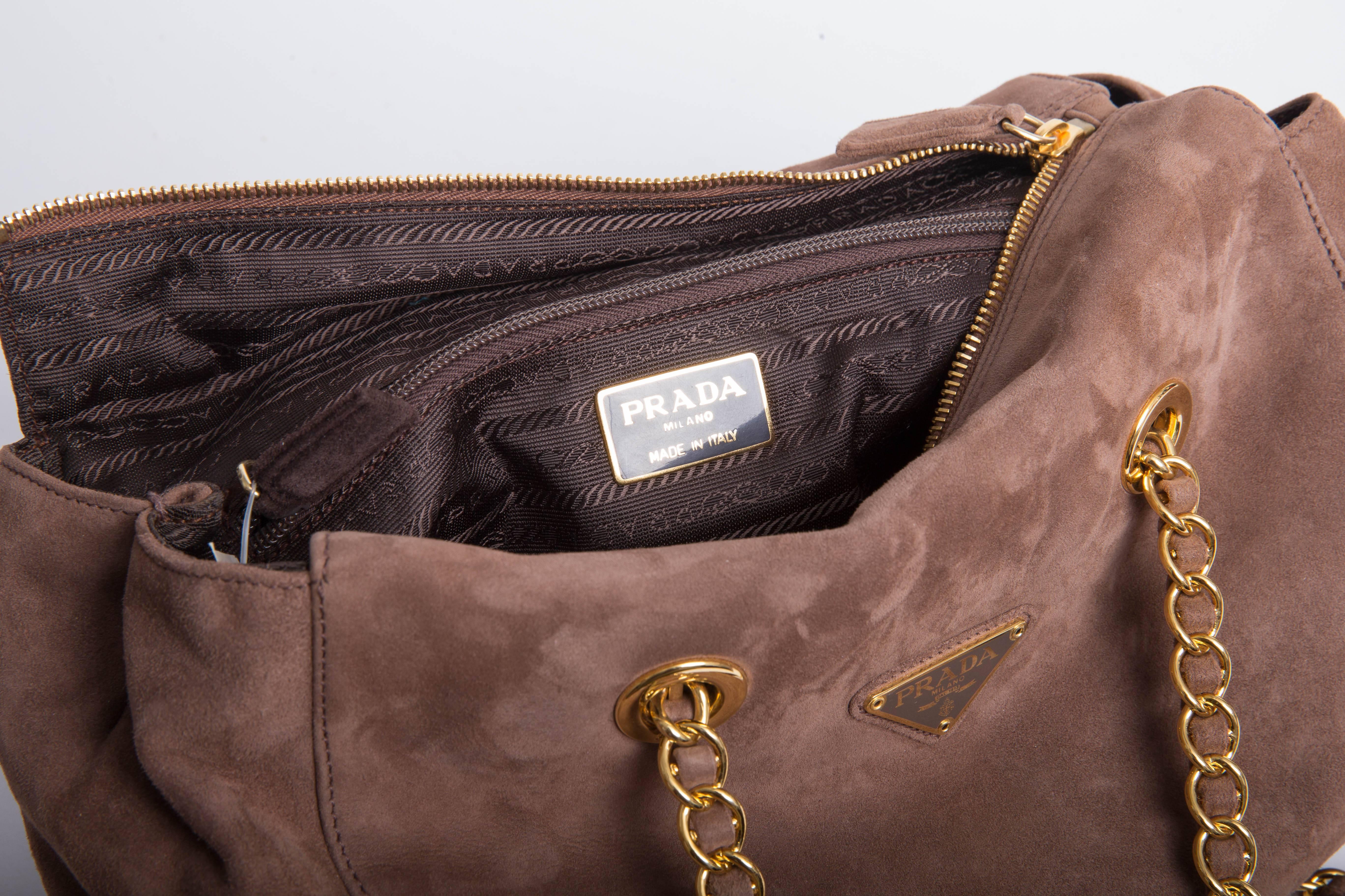 Prada Vintage Suede Double Chain Handle Shoulder Bag In New Condition In Westhampton Beach, NY