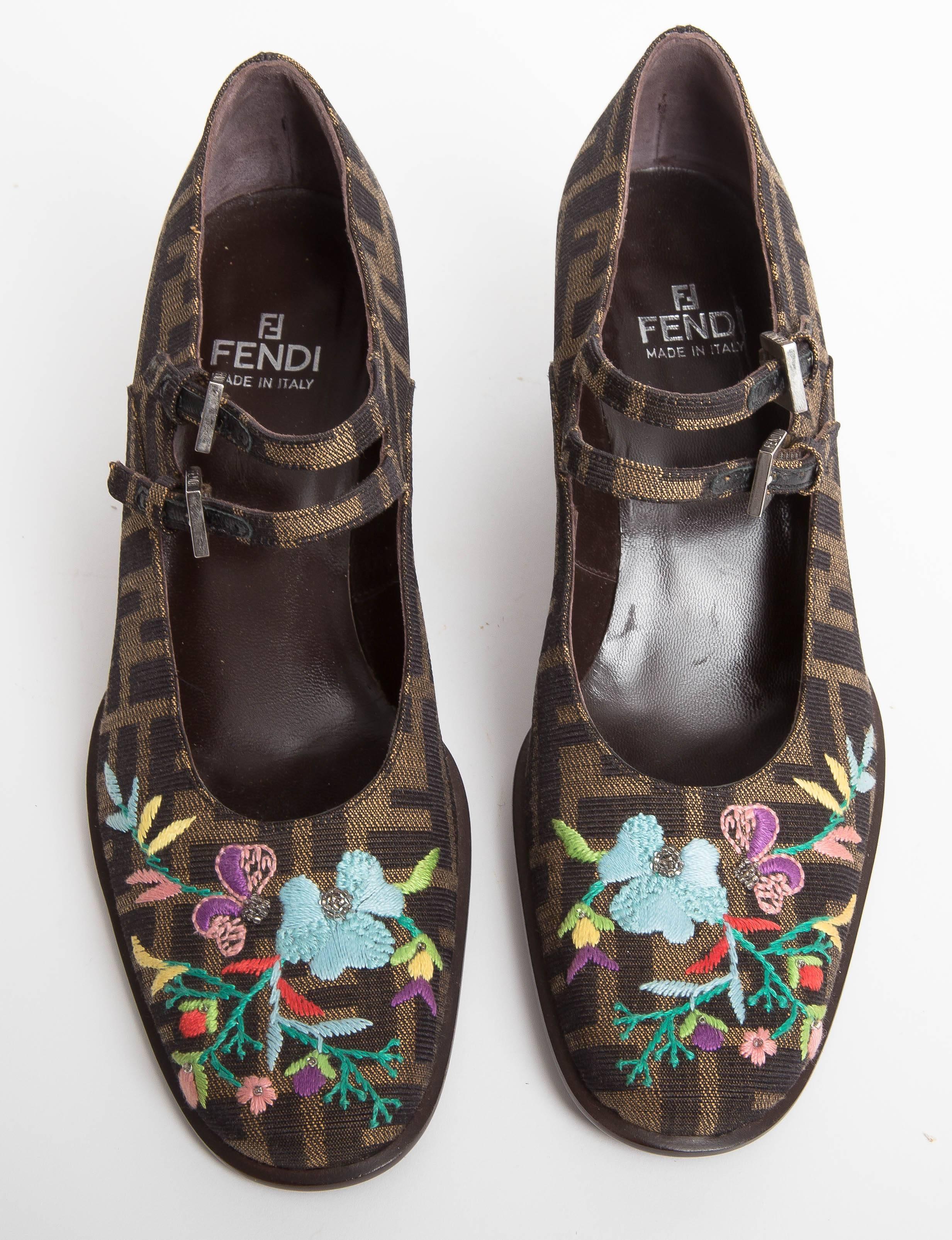 Vintage Fendi Logo Embroidered Mary Jane Shoes 1