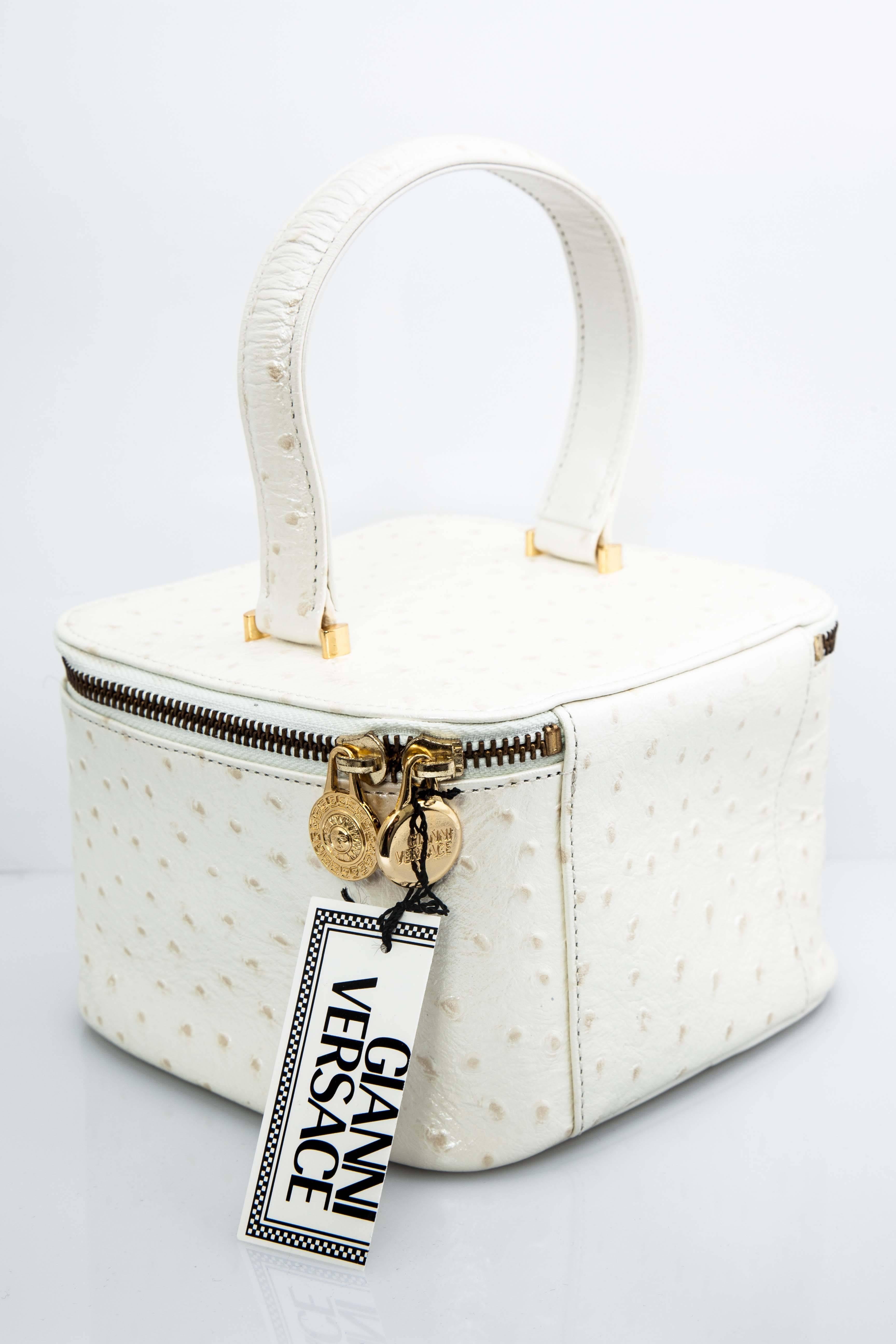 Beige Versace White Faux Ostrich Vanity Case Bag For Sale