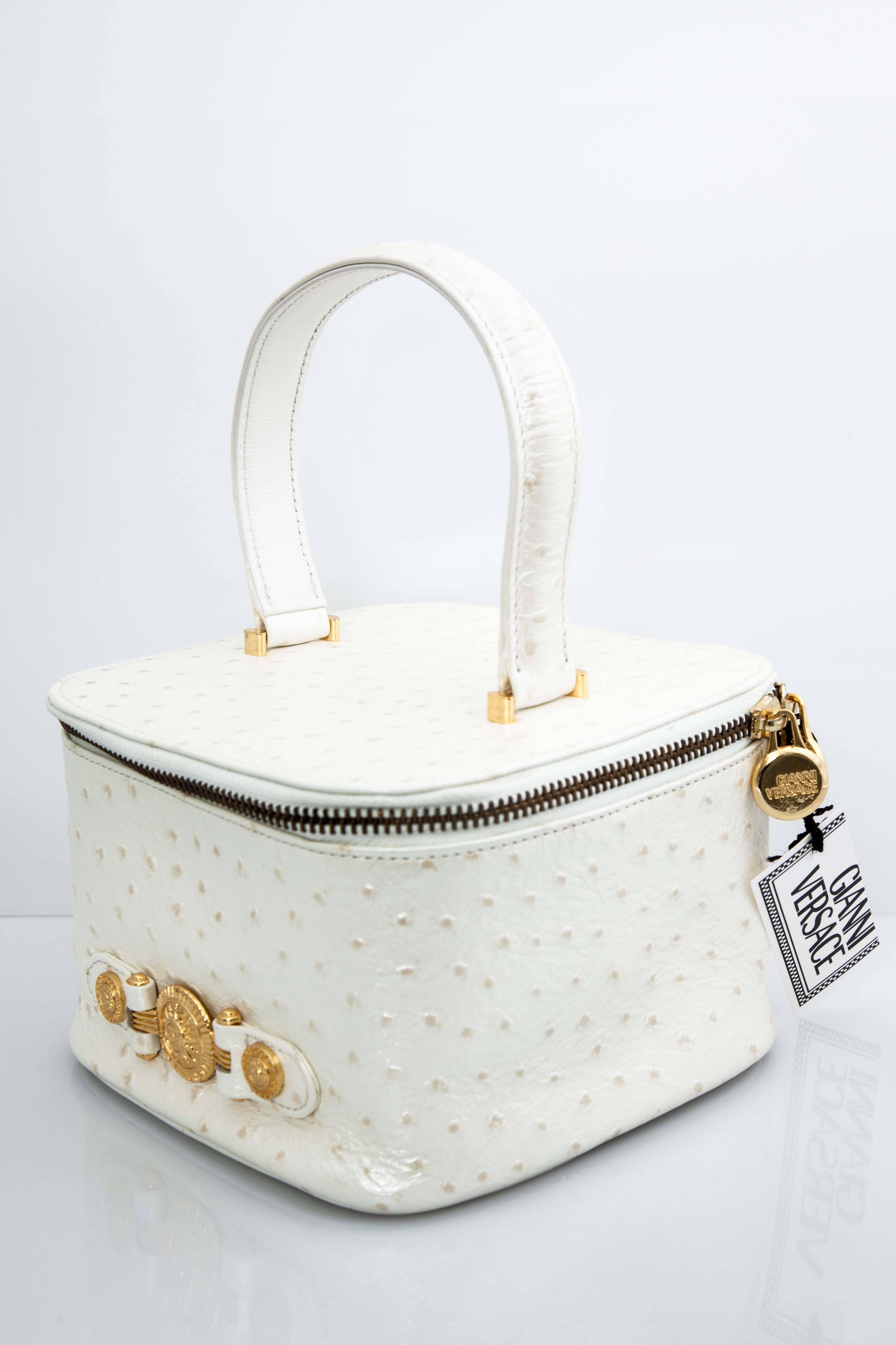 Versace White Faux Ostrich Vanity Case Bag In New Condition For Sale In Chicago, IL