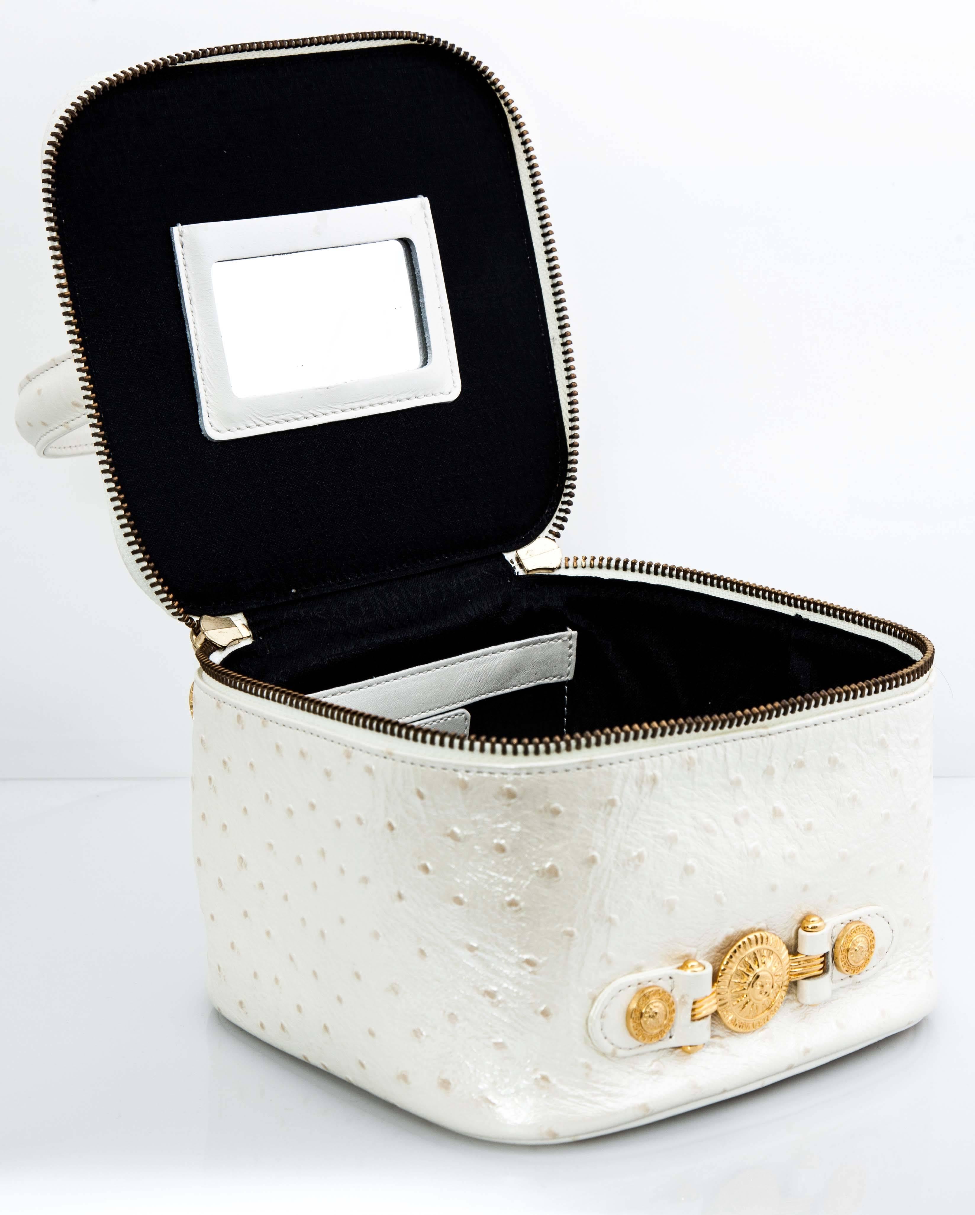 Versace White Faux Ostrich Vanity Case Bag For Sale 3