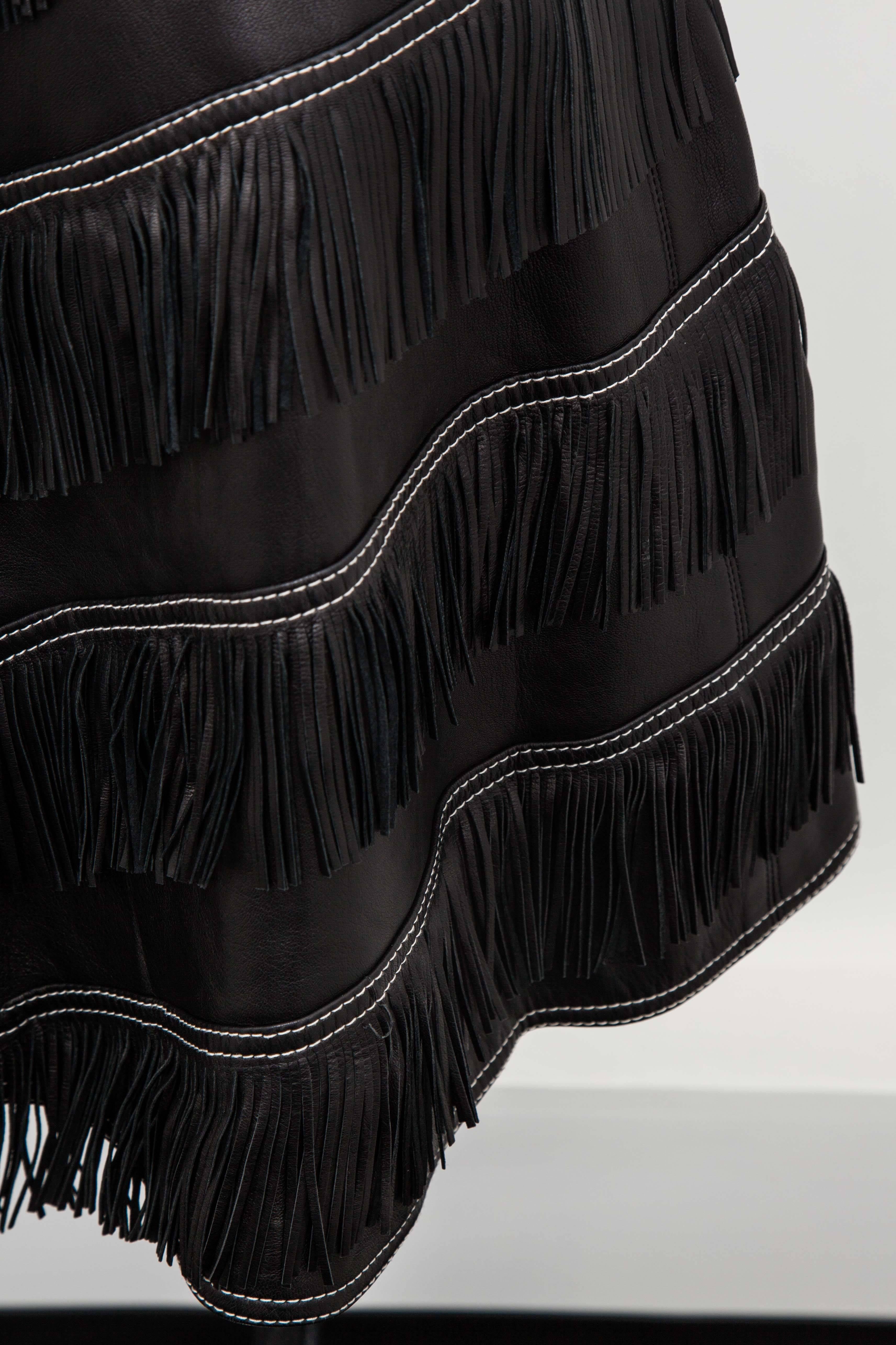 Women's Gianni Versace Iconic 1992 Runway Black Leather Fringe Skirt For Sale