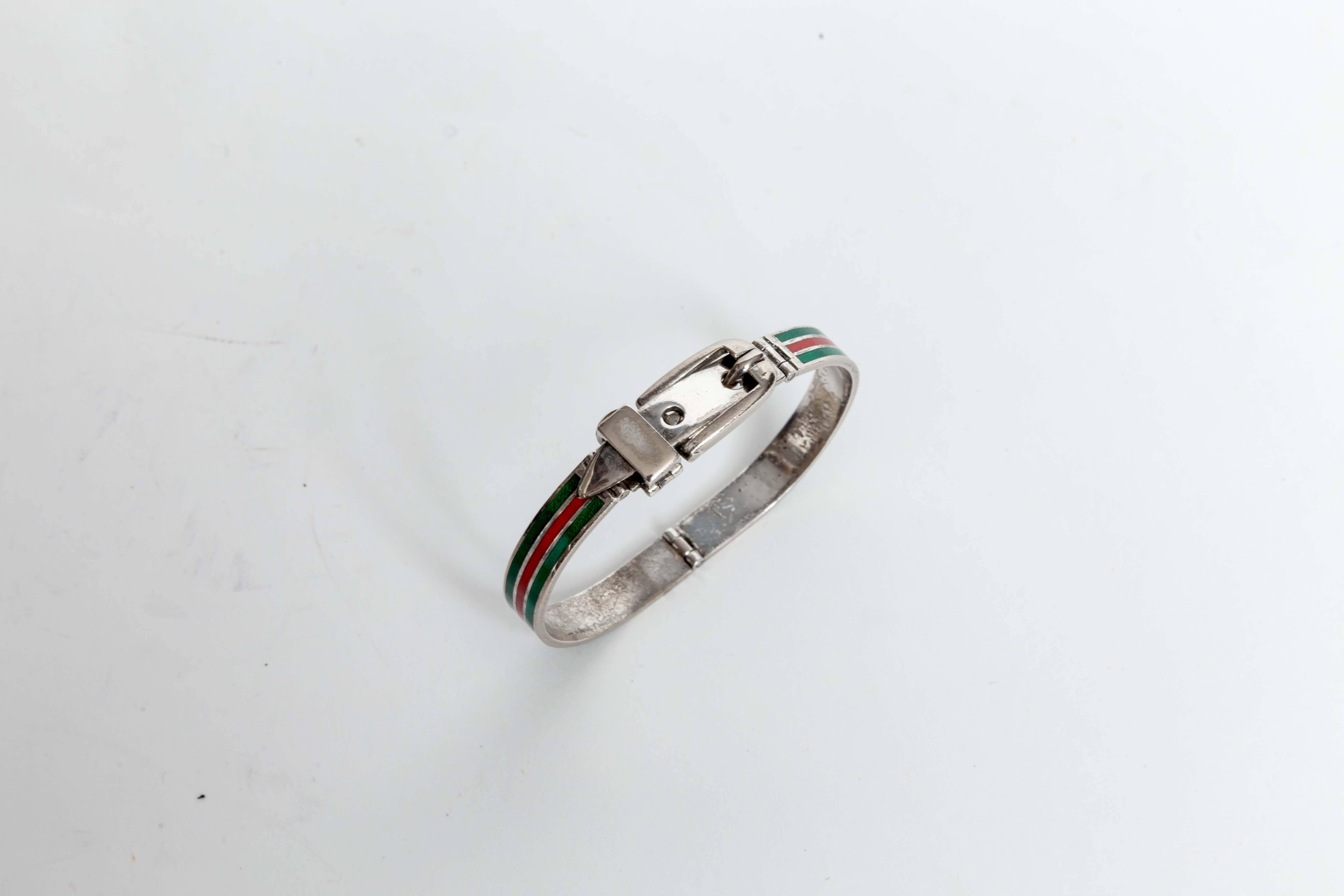 Women's Vintage Gucci Sterling Silver Bracelet with Iconic Red and Green Enamel Stripes