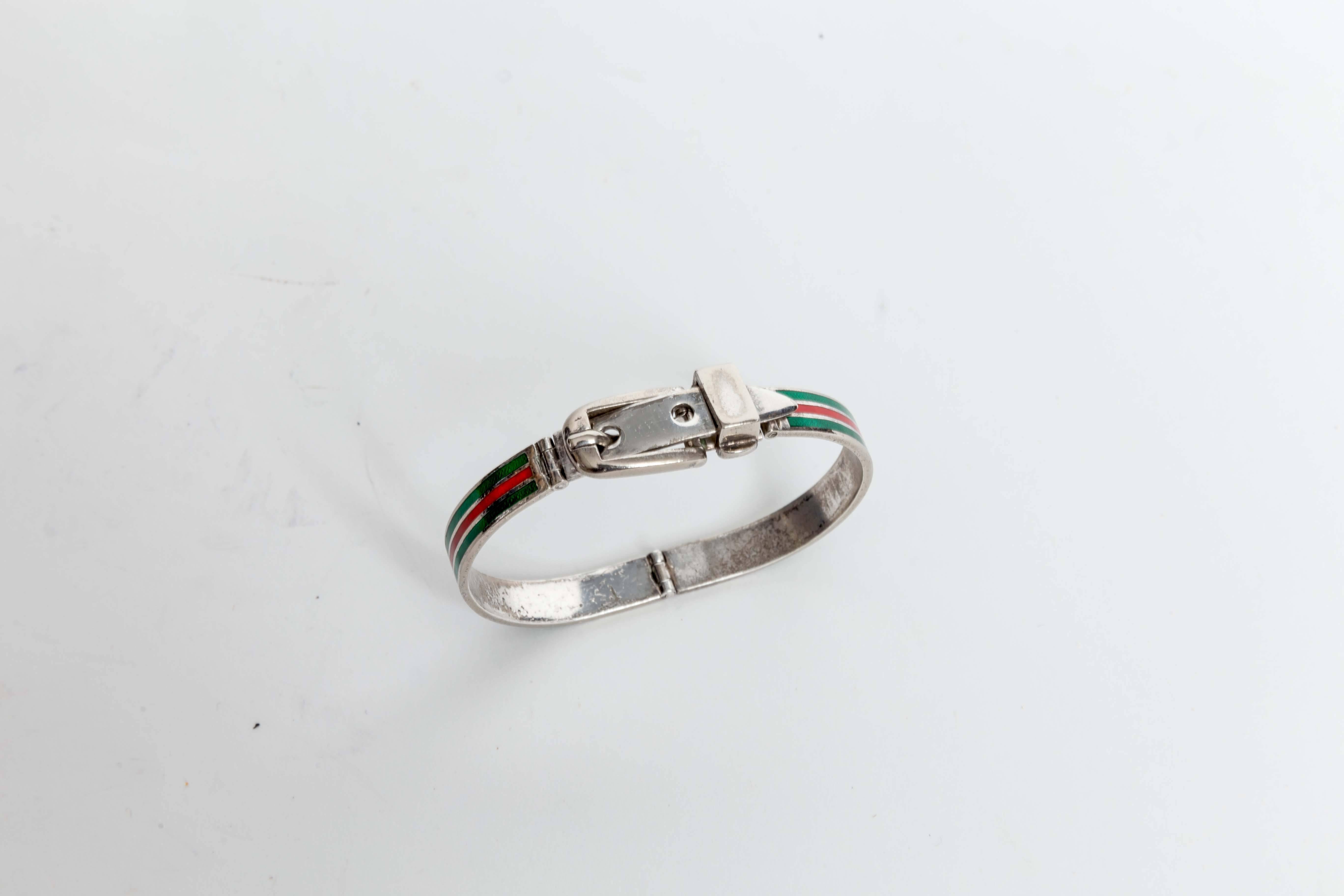 Vintage Gucci Sterling Silver Bracelet with Iconic Red and Green Enamel Stripes 1