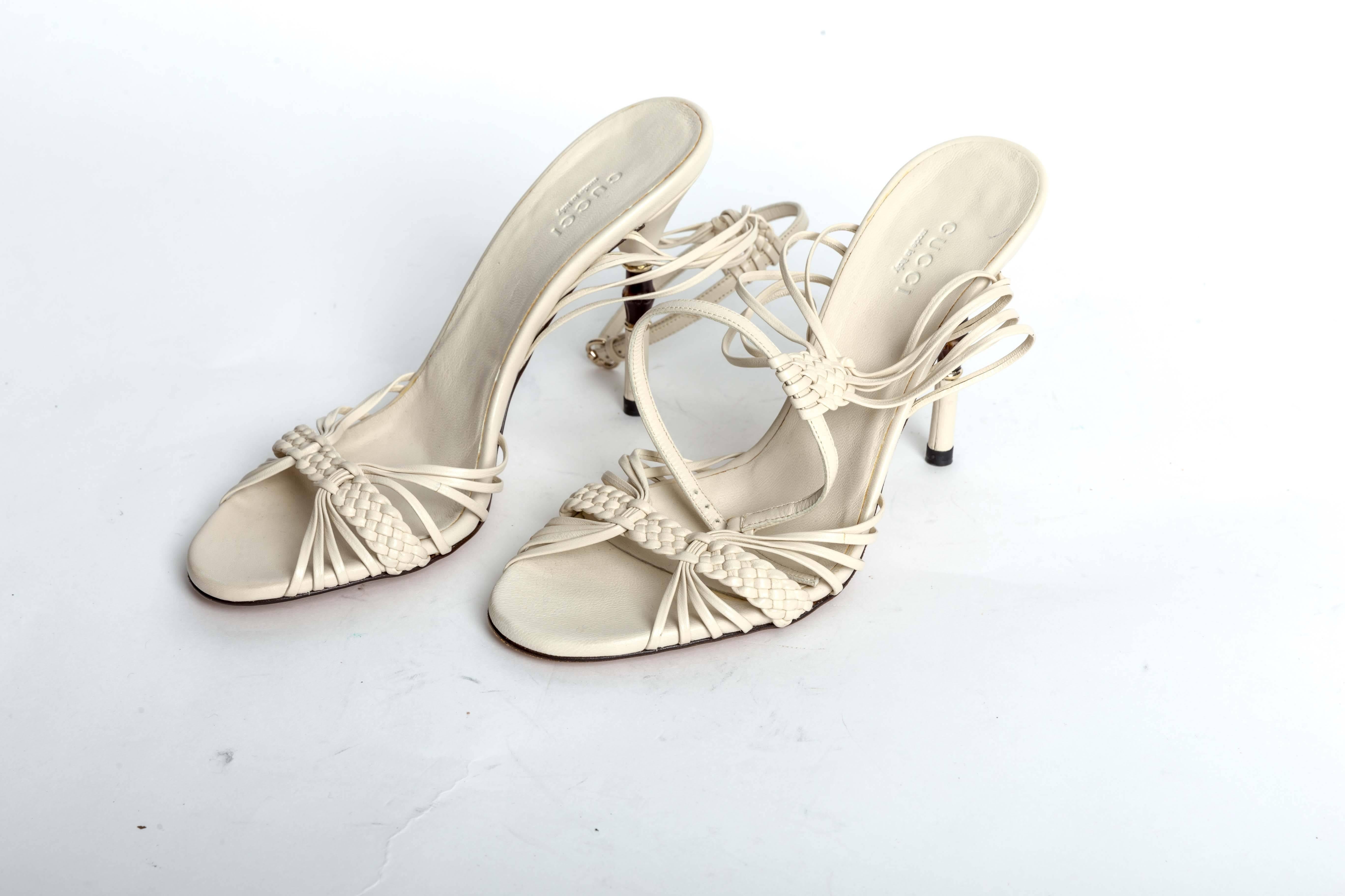 Off White Gucci Sandals with Bamboo Bead Heel Insert. The leather is braided and heel height is 4 inches.