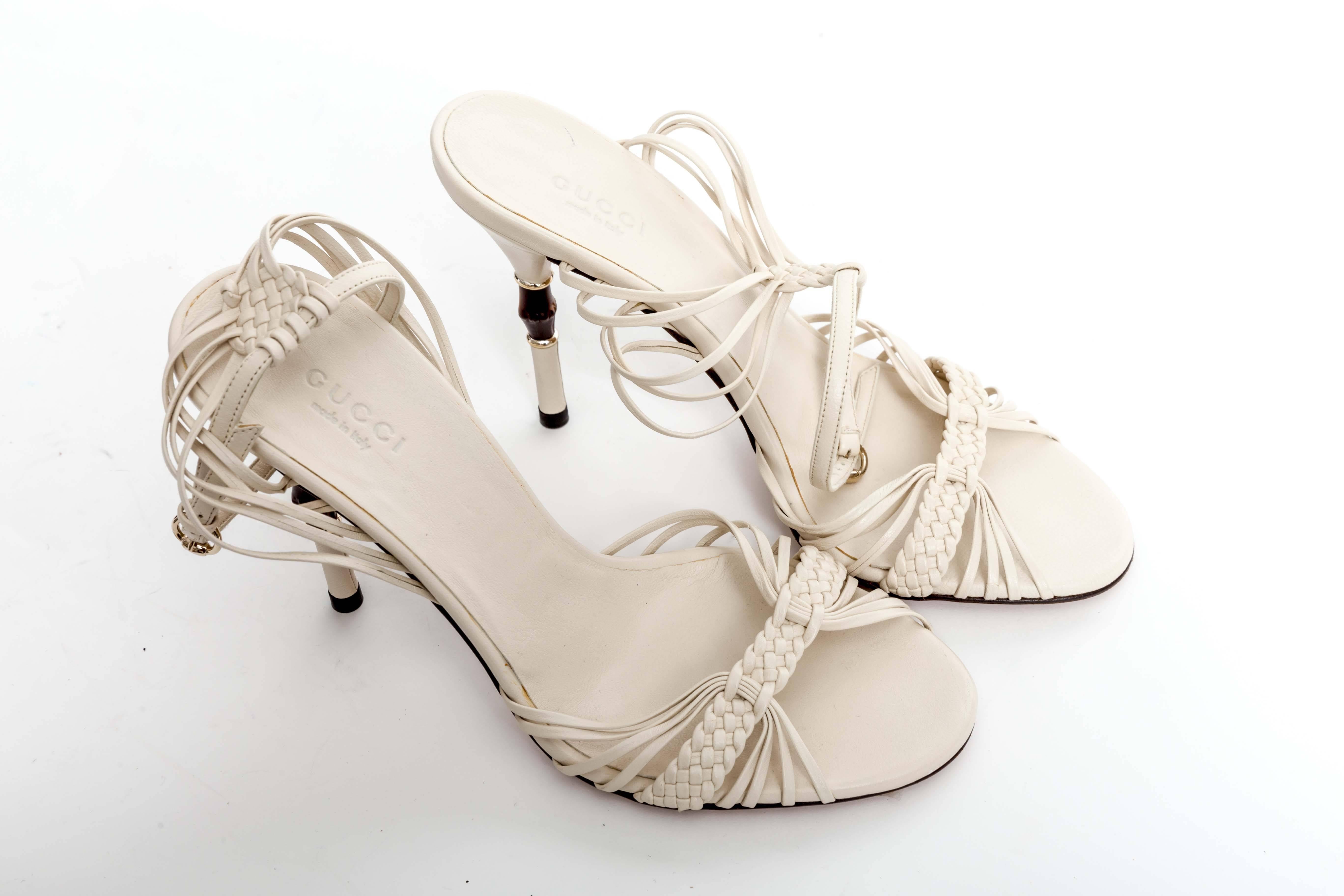 Gucci Off White Braided Leather Ankle Strap Sandals  3