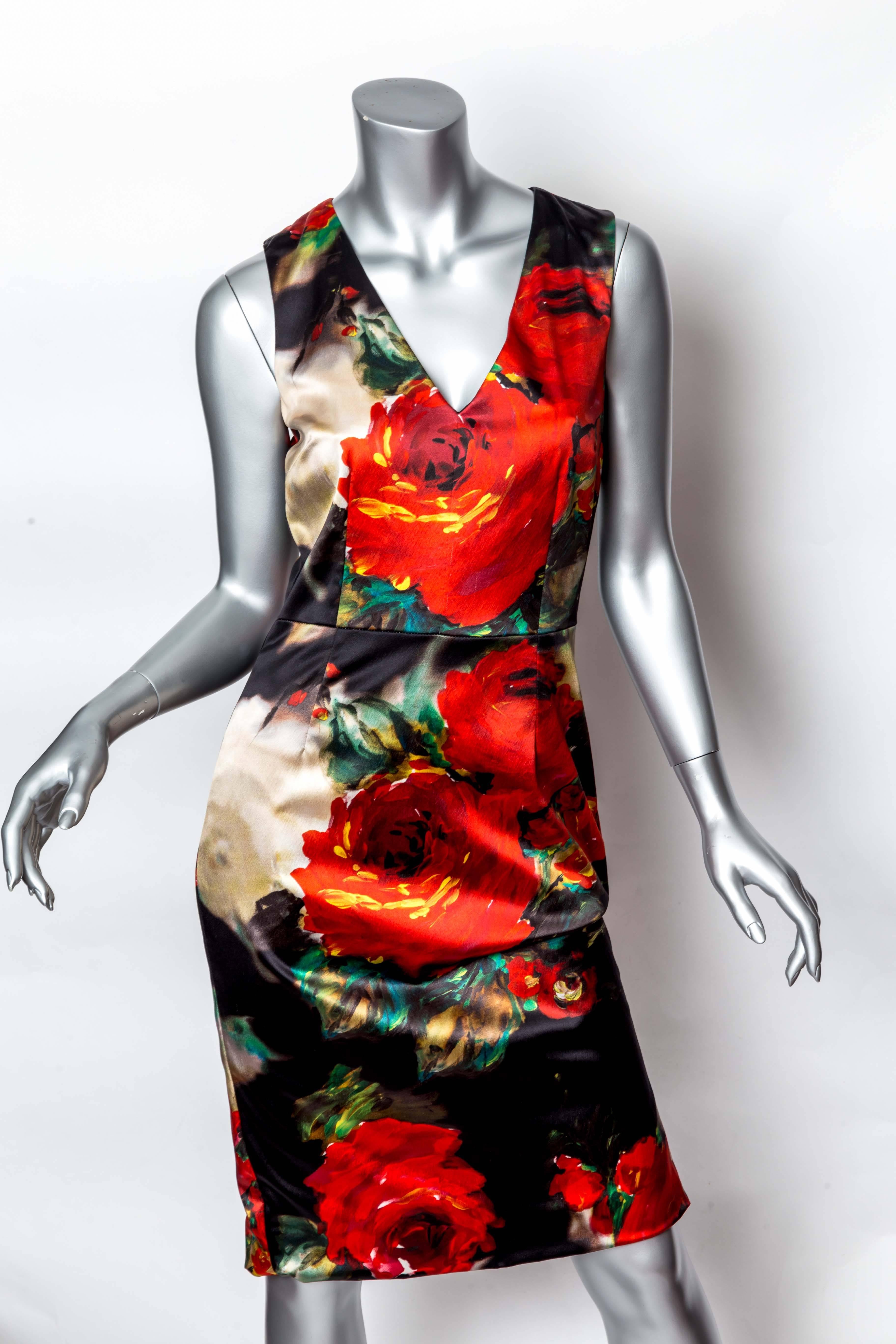 Dolce & Gabbana Red Floral Silk Sheath Dress. Zips up the back and is lined in black silk. 