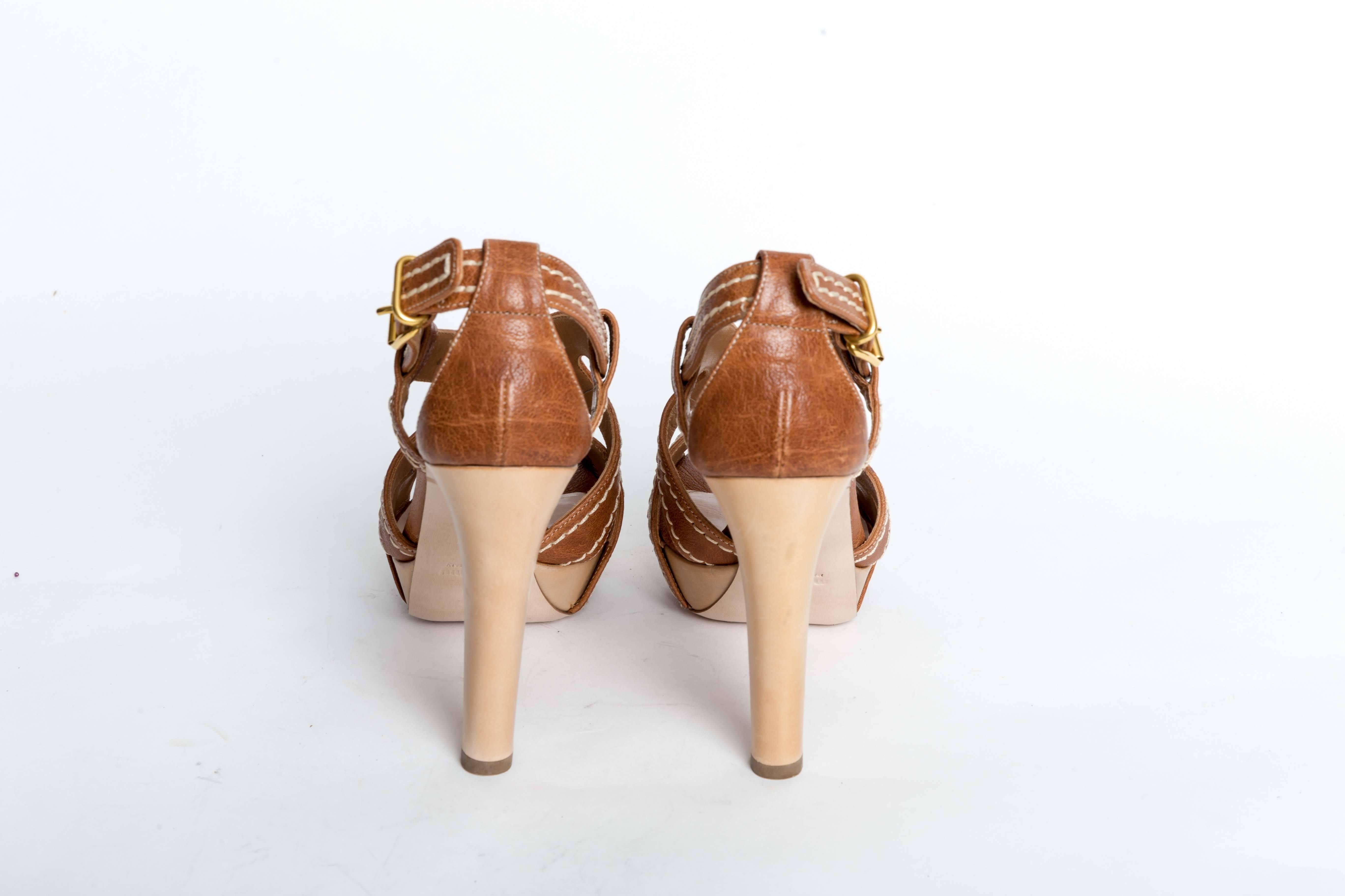Miu Miu Camel Leather Sandals  In Excellent Condition In Westhampton Beach, NY