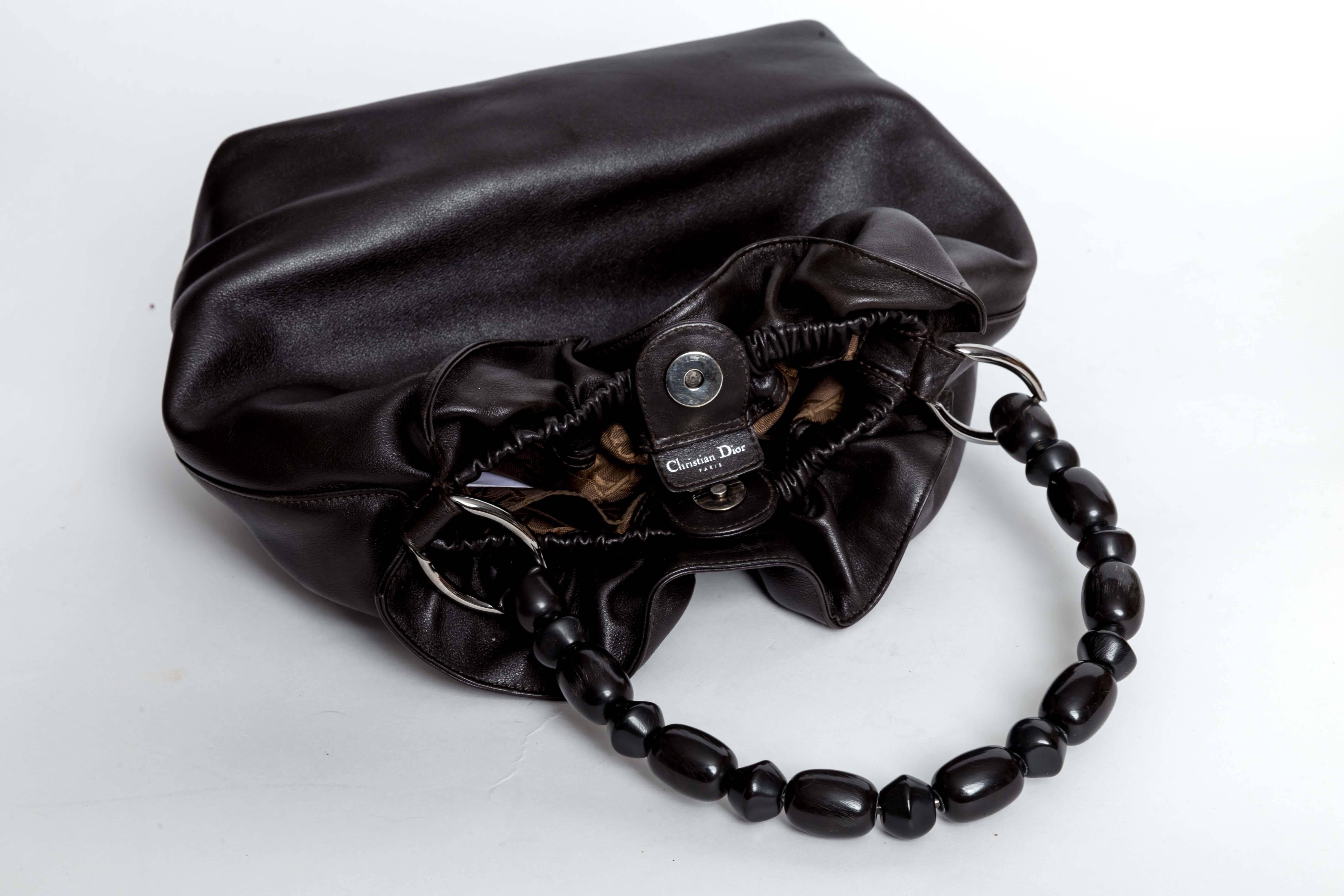 Women's Christian Dior Black Leather Silver Tone Beaded Handle Malice Tote Handbag