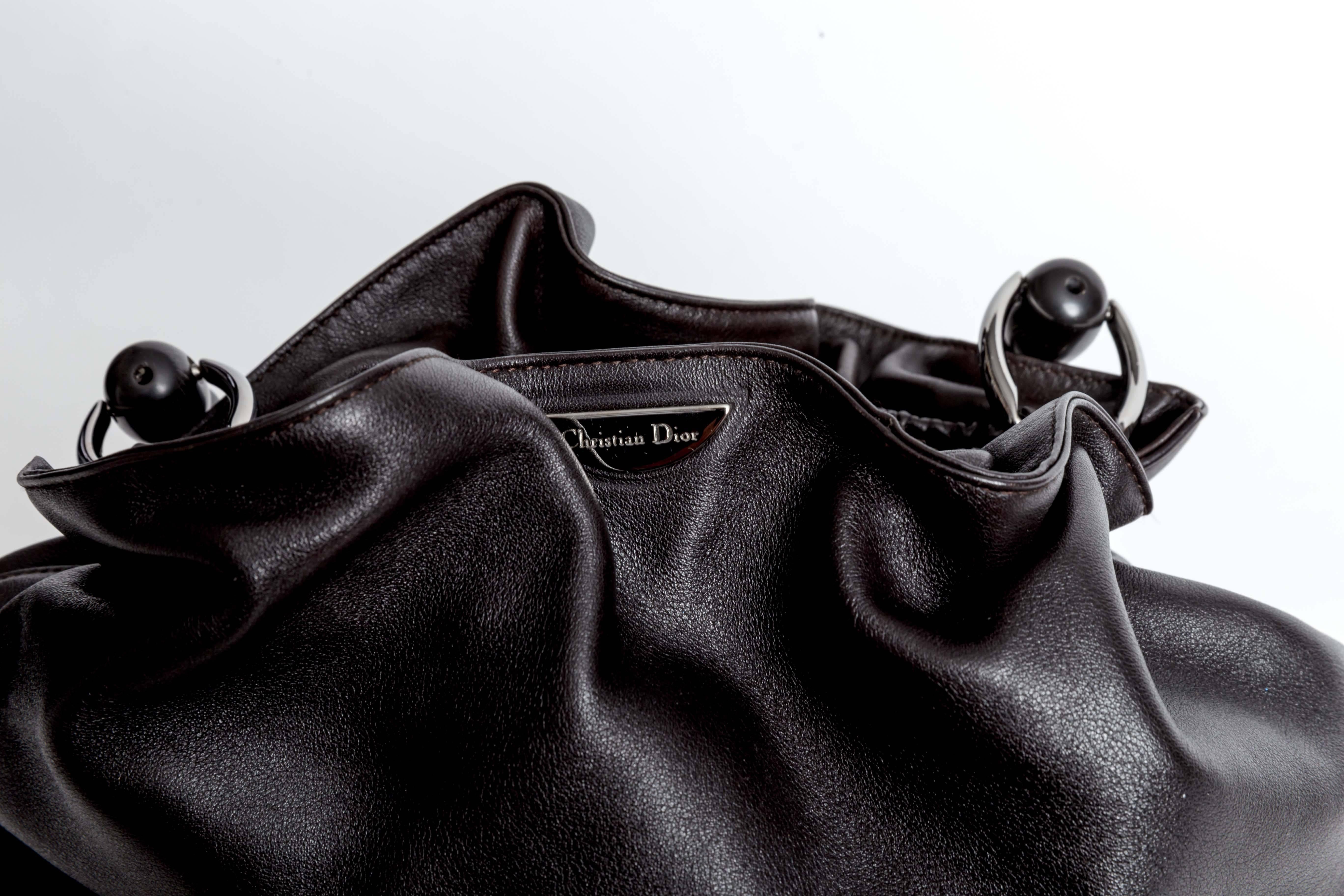 Christian Dior Black Leather Silver Tone Beaded Handle Malice Tote Handbag 3