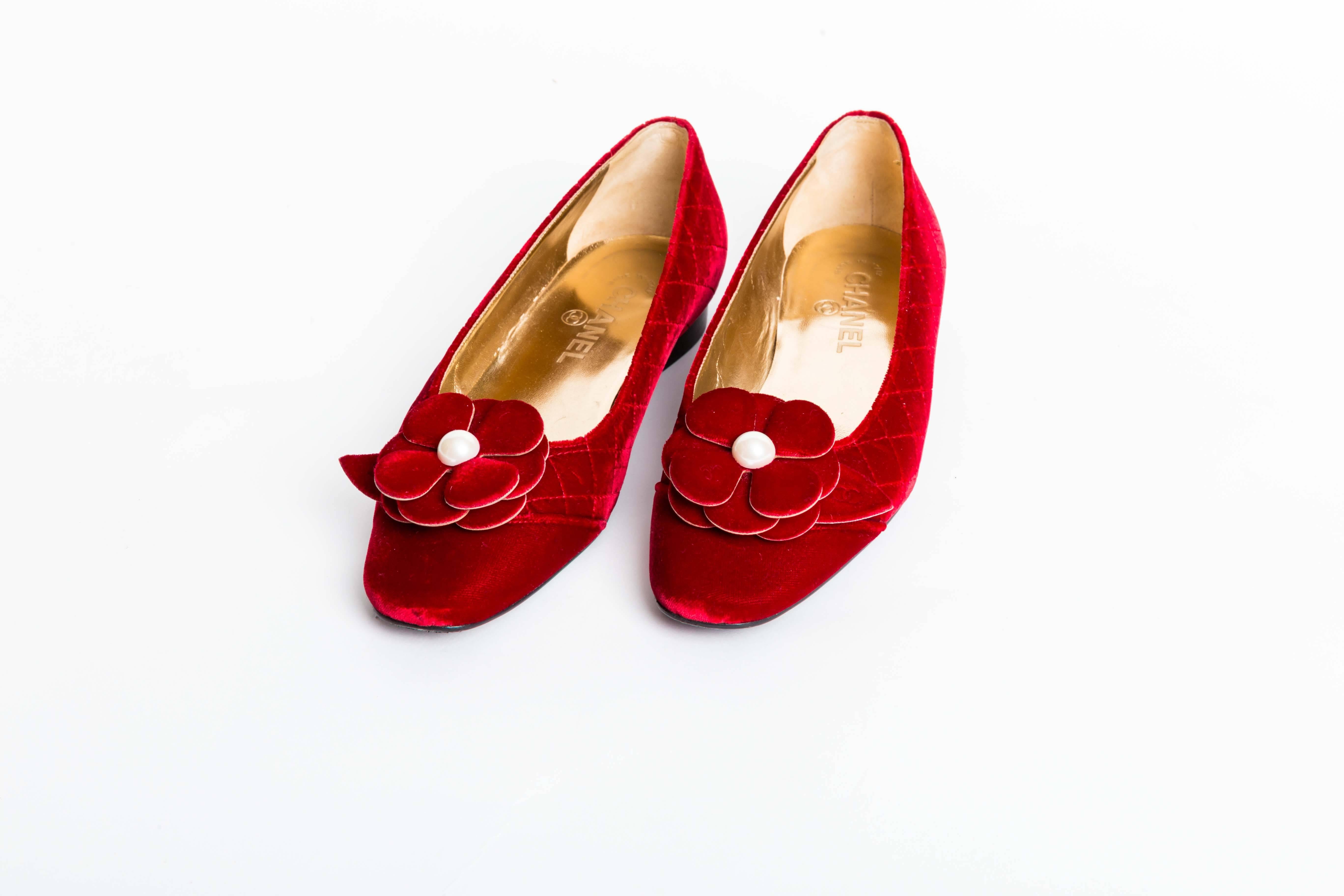 Chanel Red Quilted Velvet Camelia Flats with Pearl Detail. 
