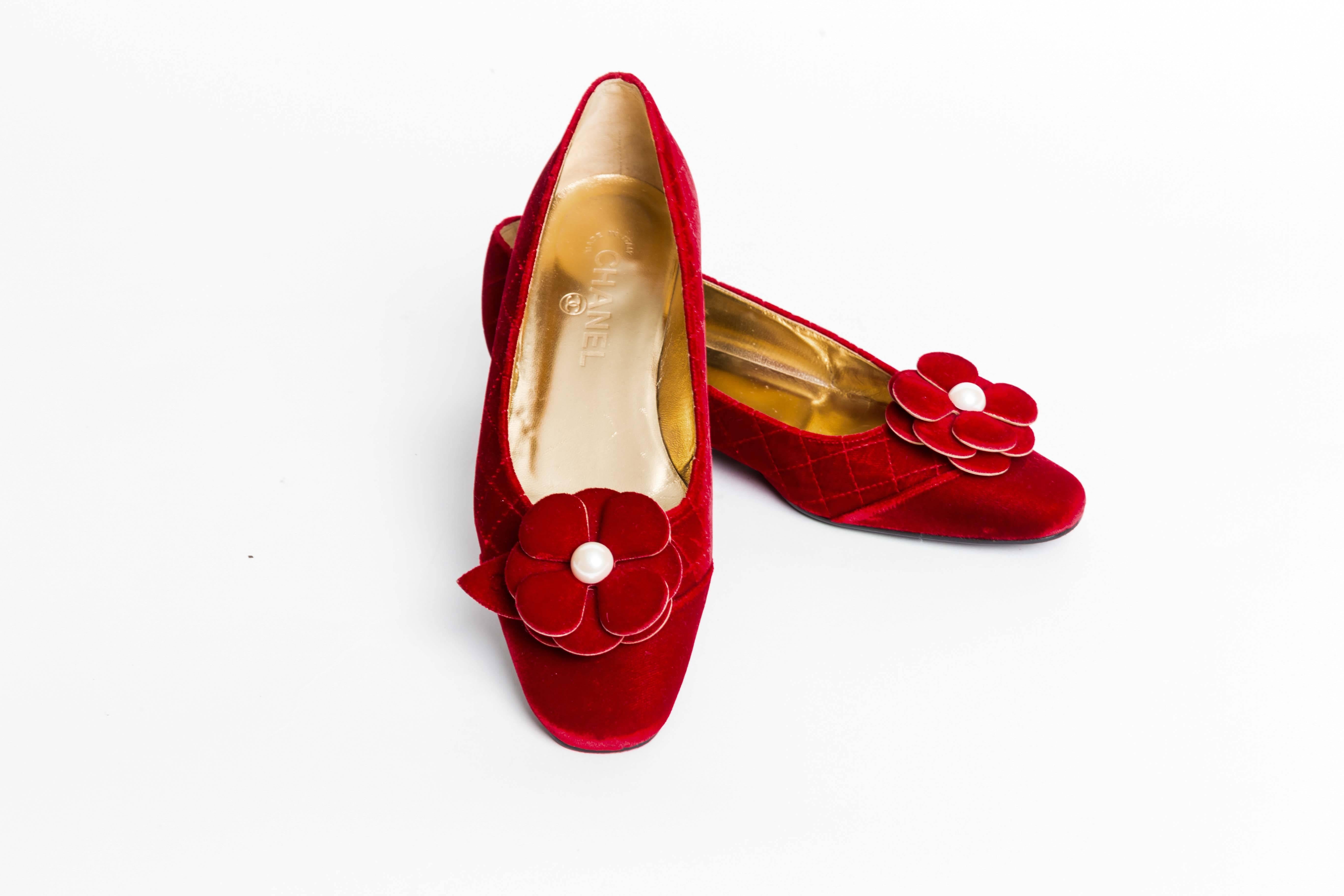 Chanel Red Velvet Camelia Flats 3