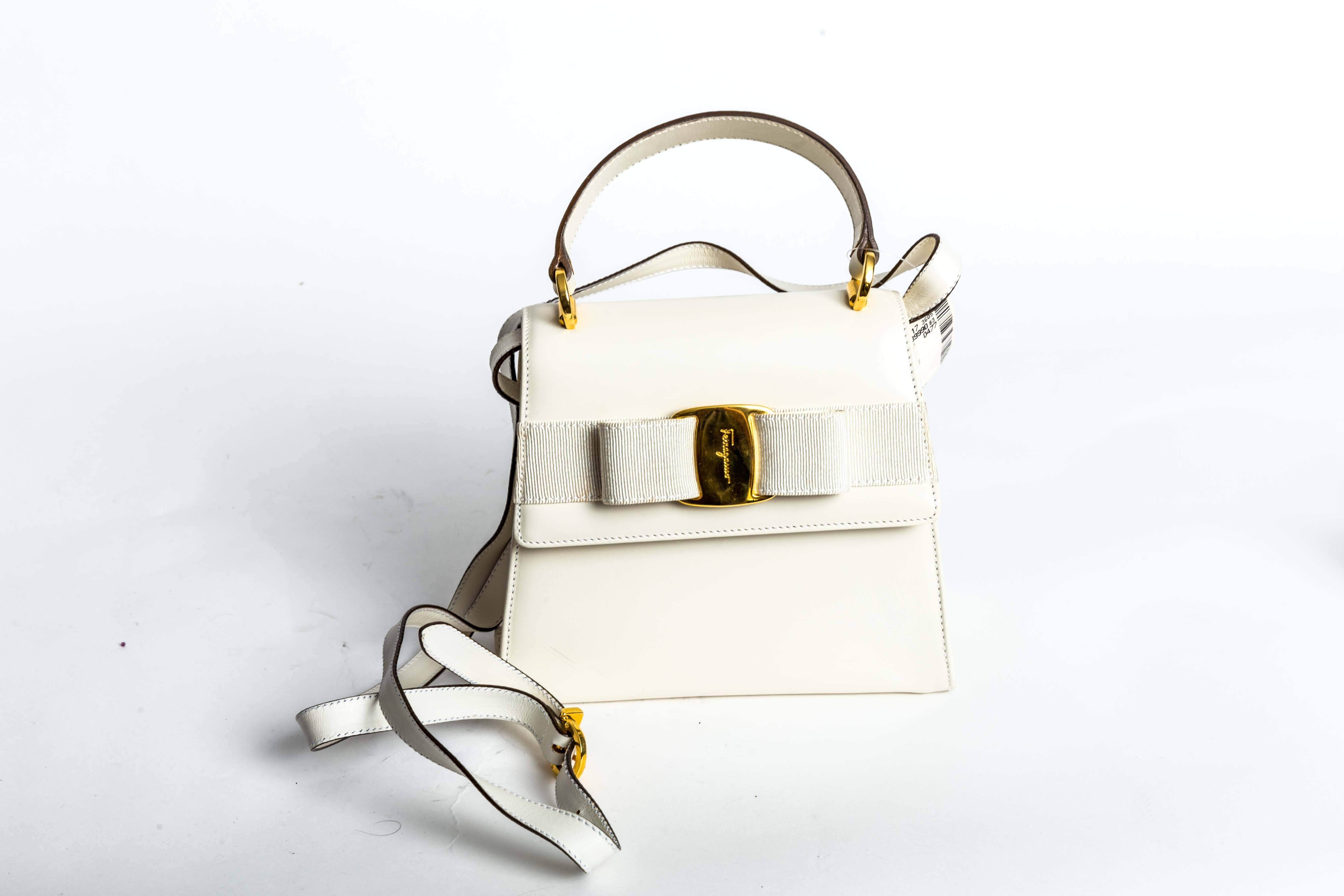 Ferragamo Vintage Vara Bow Two Way Bag in White Leather 4