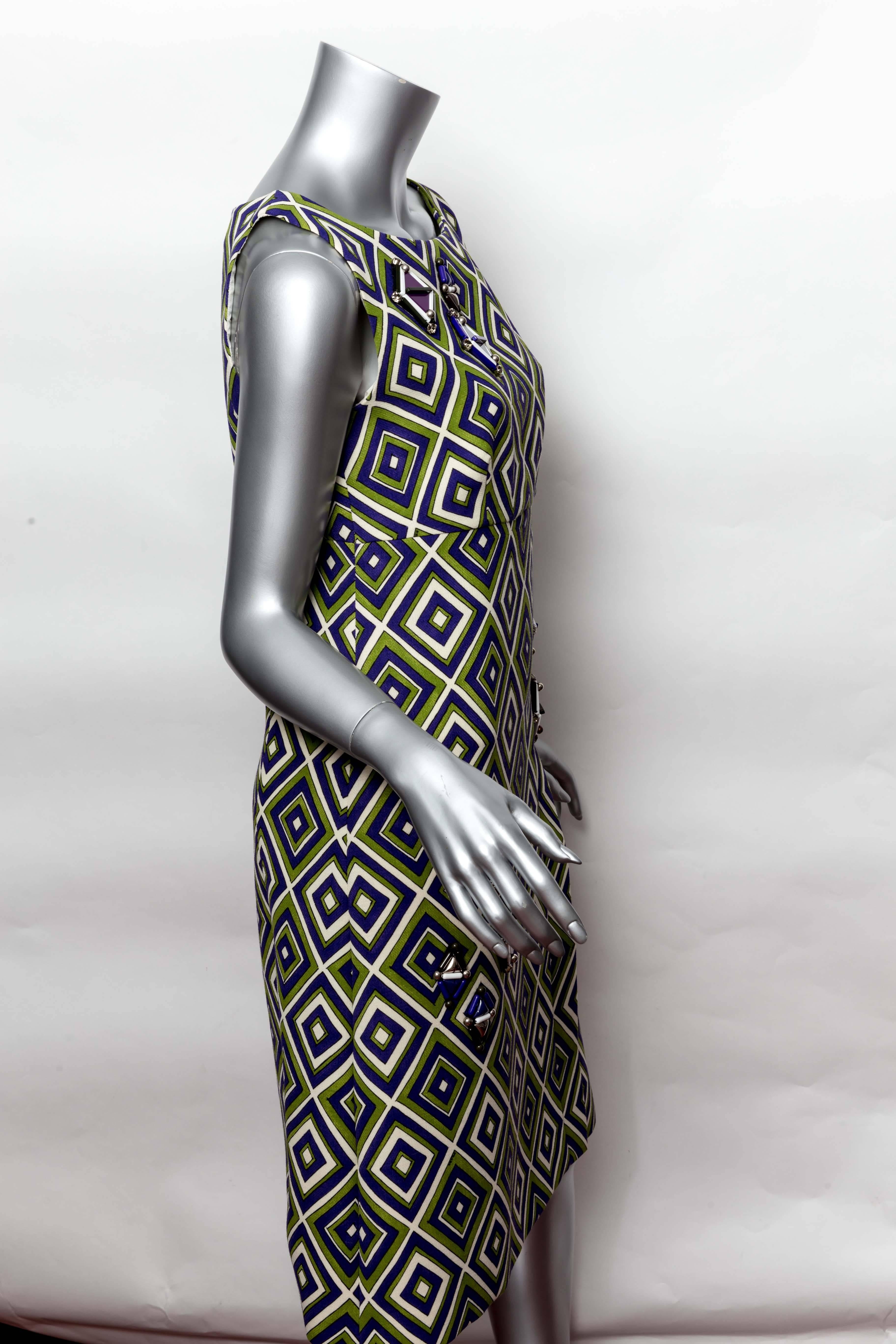 Prada Geometric Print Dress with Resin Embellishment In Excellent Condition In Westhampton Beach, NY