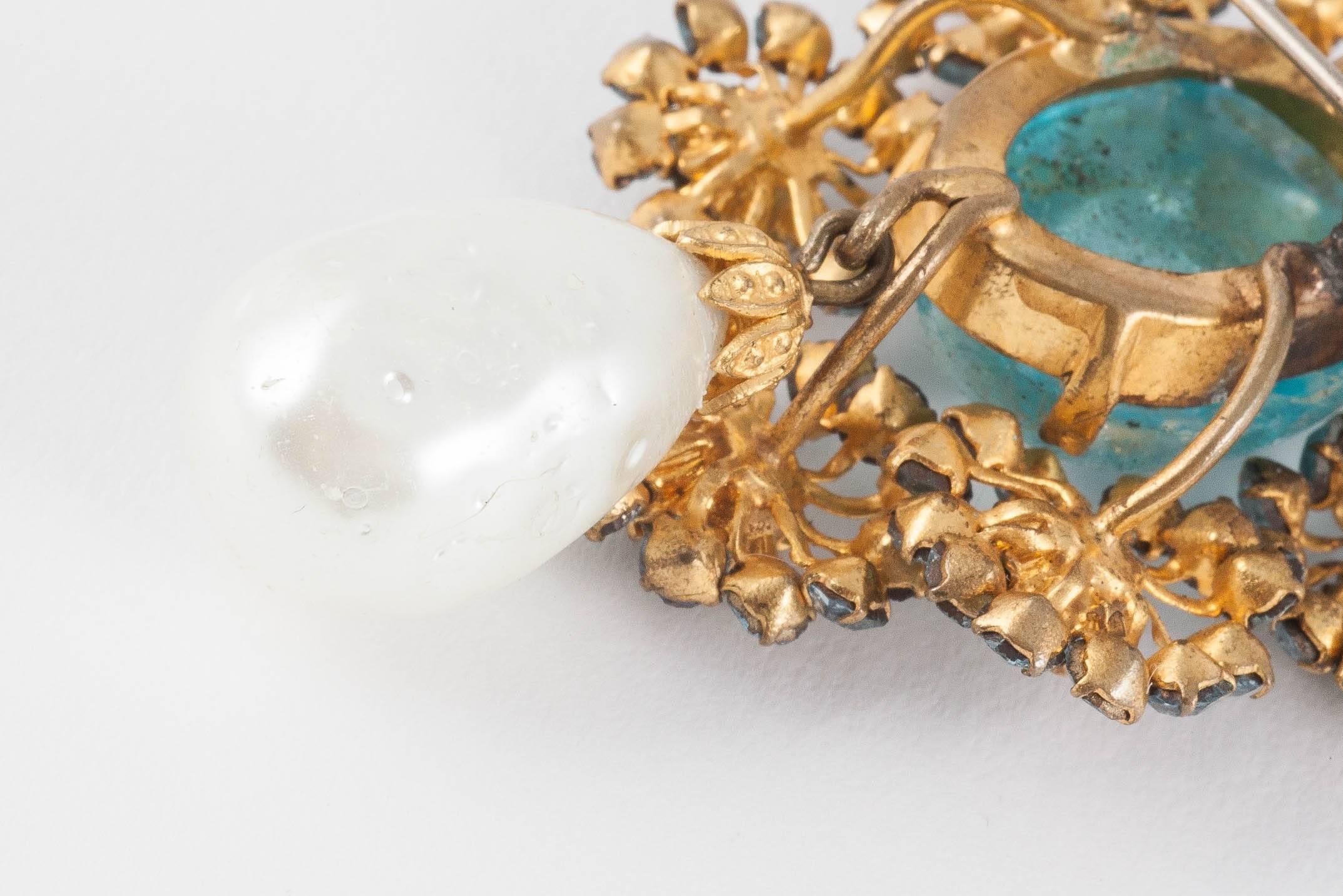 Women's CIS aqua crackle stone and paste pearl drop brooch