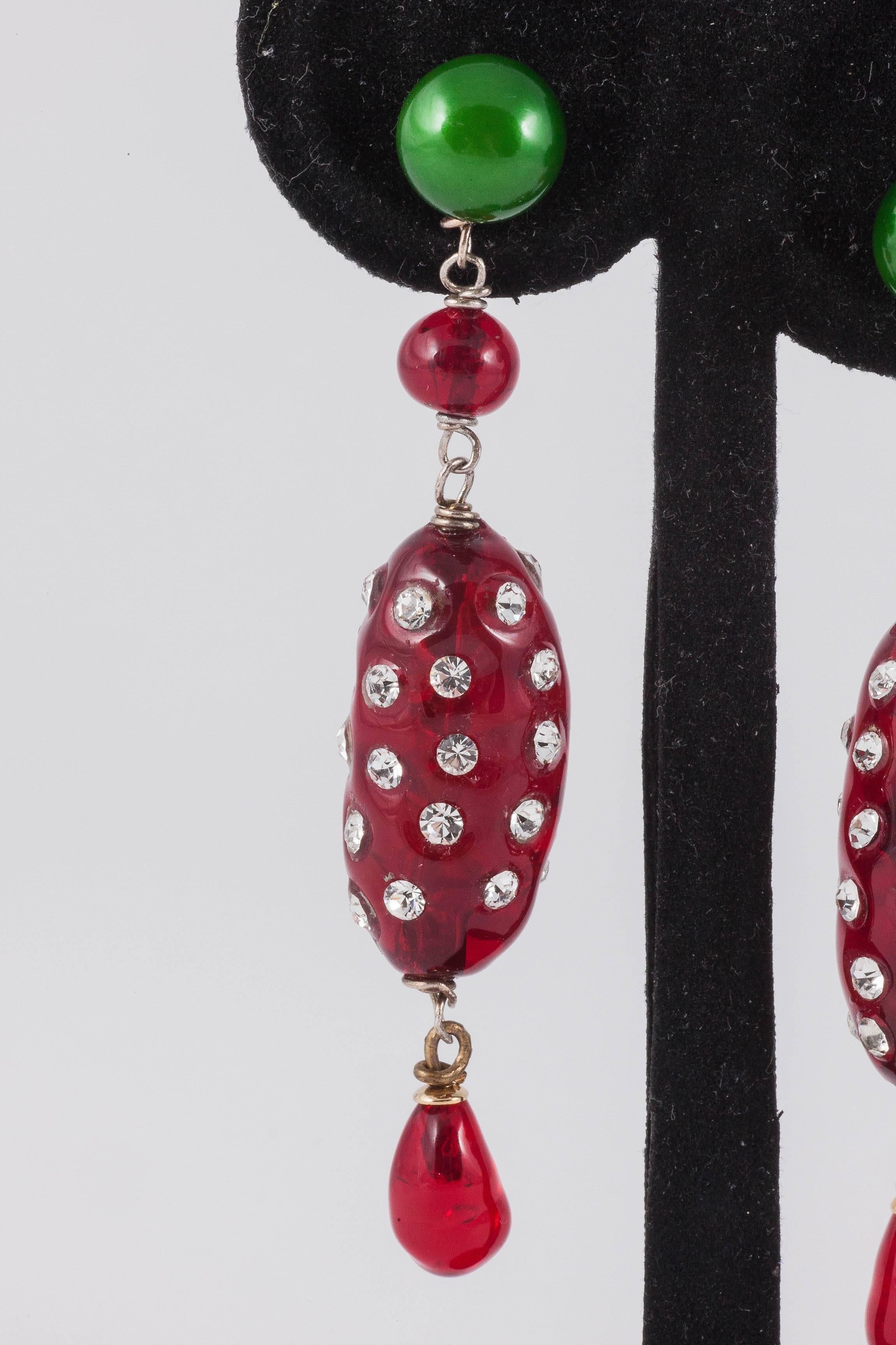 Beautiful, delicate drop earrings, made from ruby poured glass, studded with clear paste, and green enamel, from the WW collection, a contemporary limited edition, hand made by artisans in Paris.  All articulated, these earrings are made for pierced
