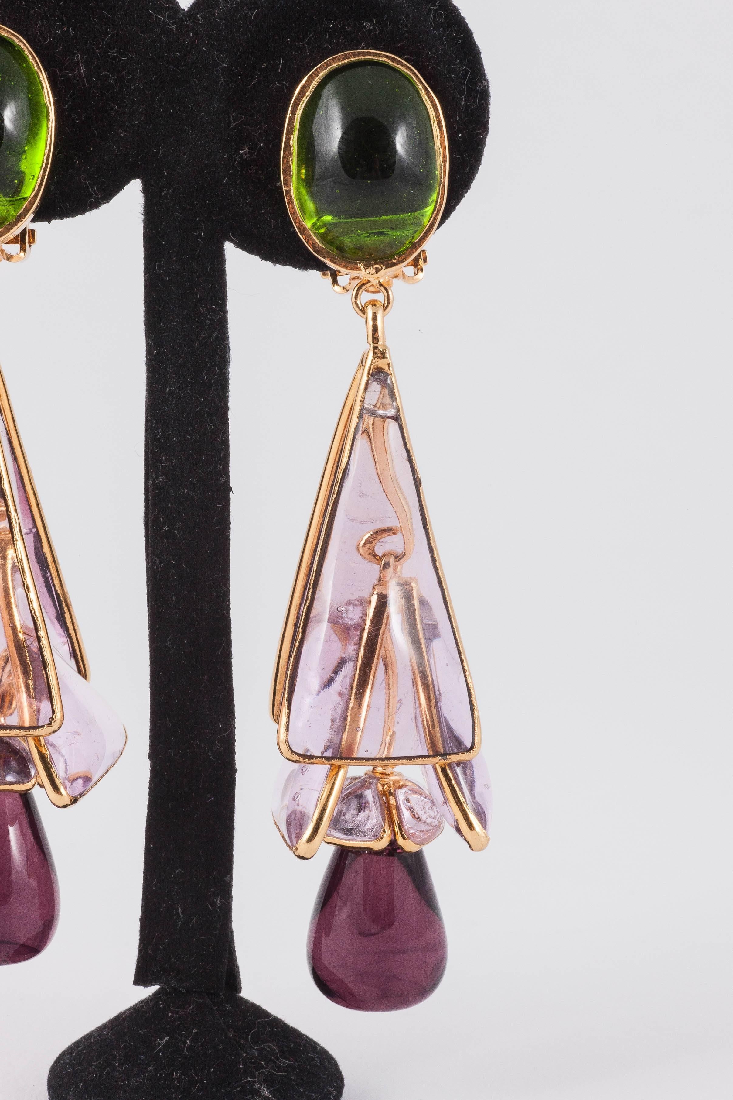 Handmade and crafted in peridot, amethyst and lilac poured glass and gilded metal , these beautiful and unusual modern earrings are from the 'Pyramides' range in the WW collection, a contemporary limited edition, hand made in Paris. Suitable for