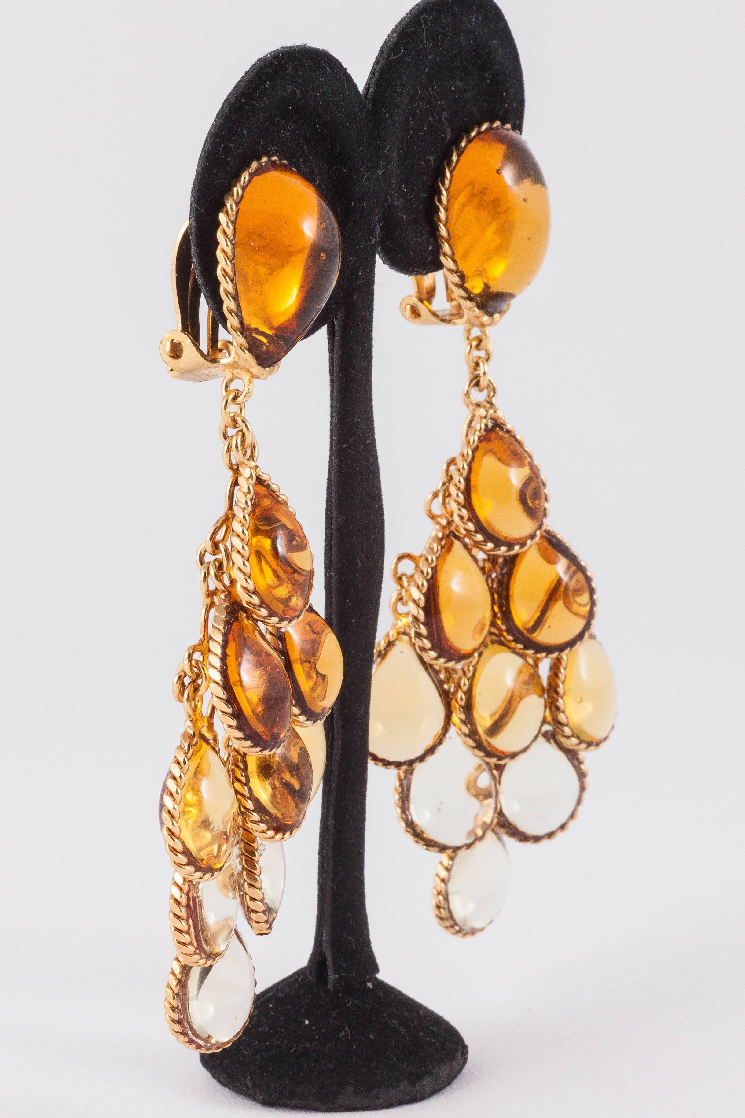  Boucles d'oreilles articulées en goutte en verre coulé de topaze graduée à citrine et or doré Pour femmes en vente