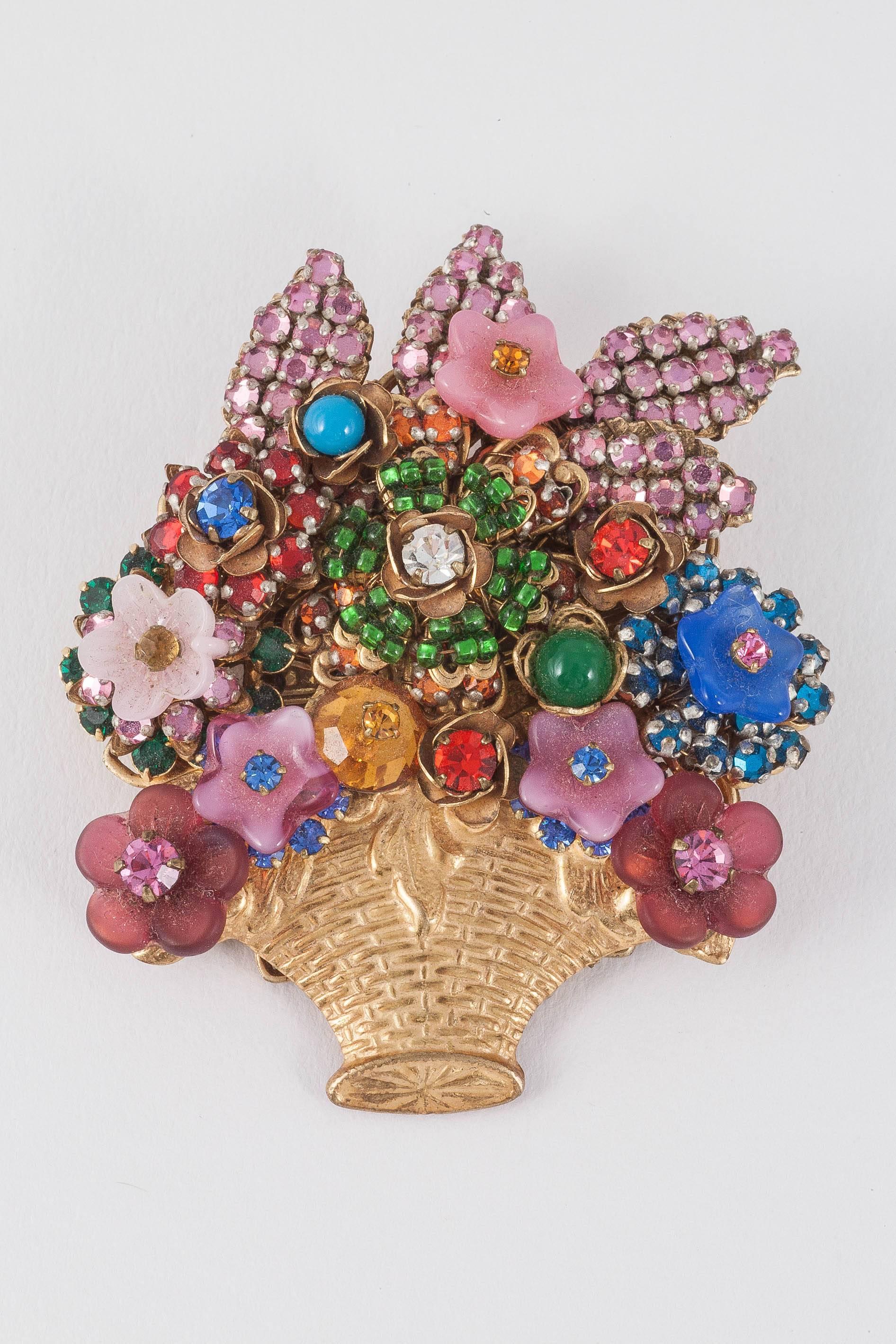 Stanley Hagler Tutti fruity basket of flowers brooch and earrings set  In Excellent Condition In Greyabbey, County Down