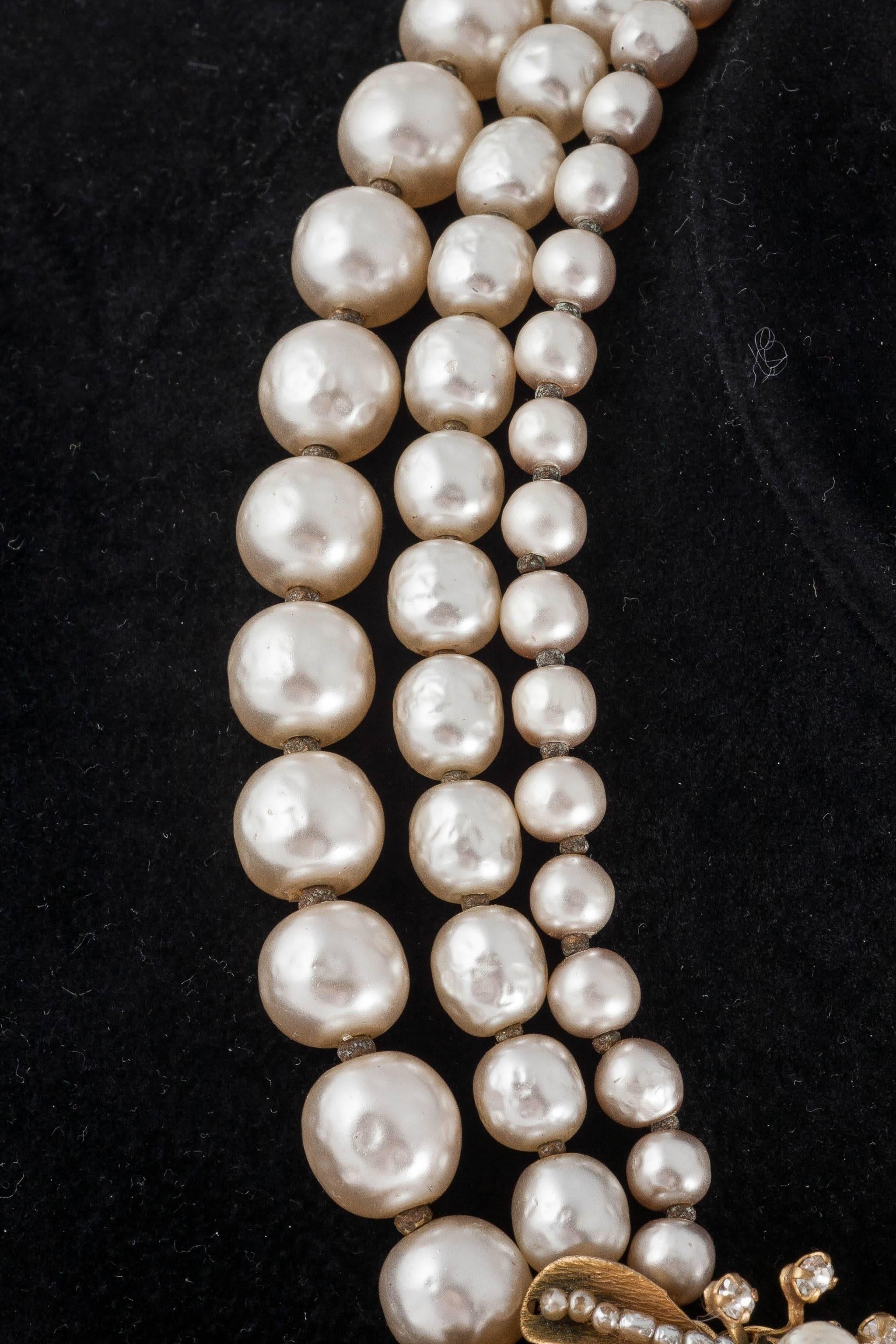 Miriam Haskell three row baroque pearl necklace with  floral centrepiece In Excellent Condition In Greyabbey, County Down